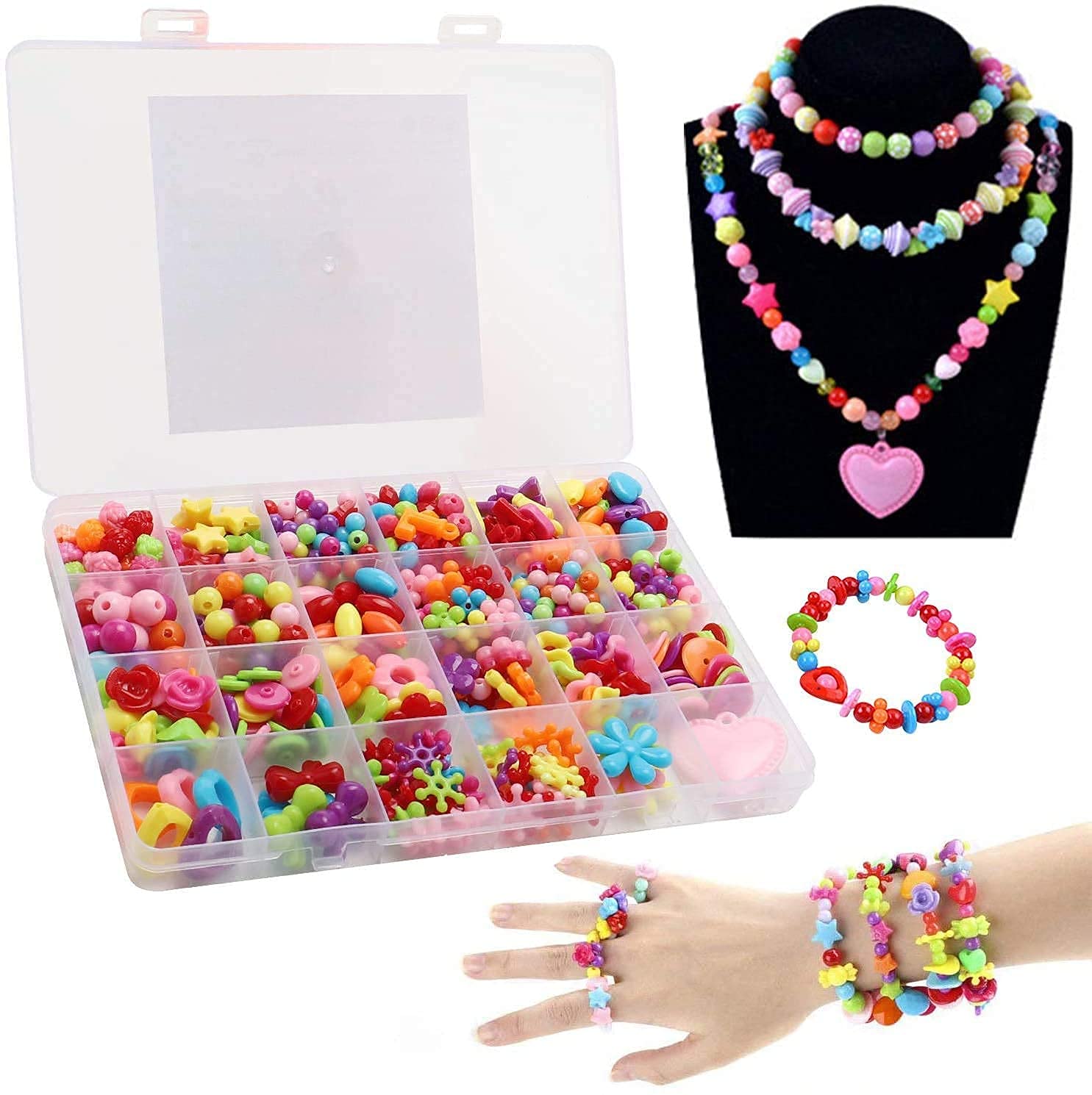PATPAT Jewelry Making Kit,Girl DIY Bracelet Set,Fun and Colorful Beads,Children's Self-Made Necklace and Hair Band Ring, Birthday Gift, Suitable for Children Over Three Years Old (Pink), Acrylic
