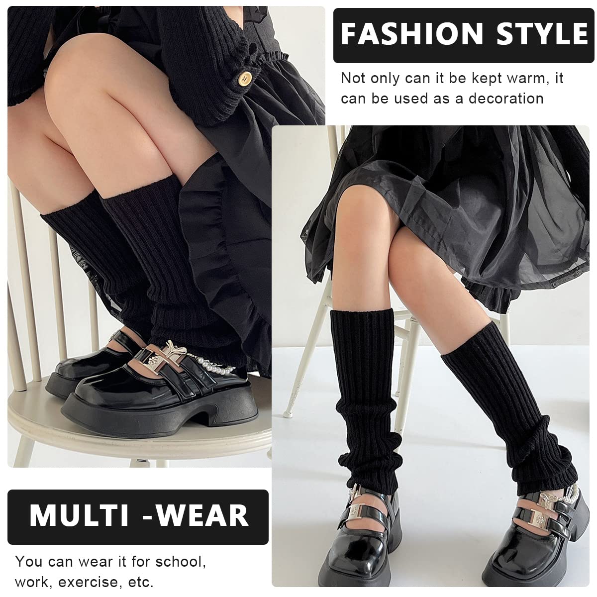PALAY Leg Warmers for Women Knitted Leg Warmer Calf Length Stockings for Teens Girls Fashion Contrast Color Long Boot Socks - Grey