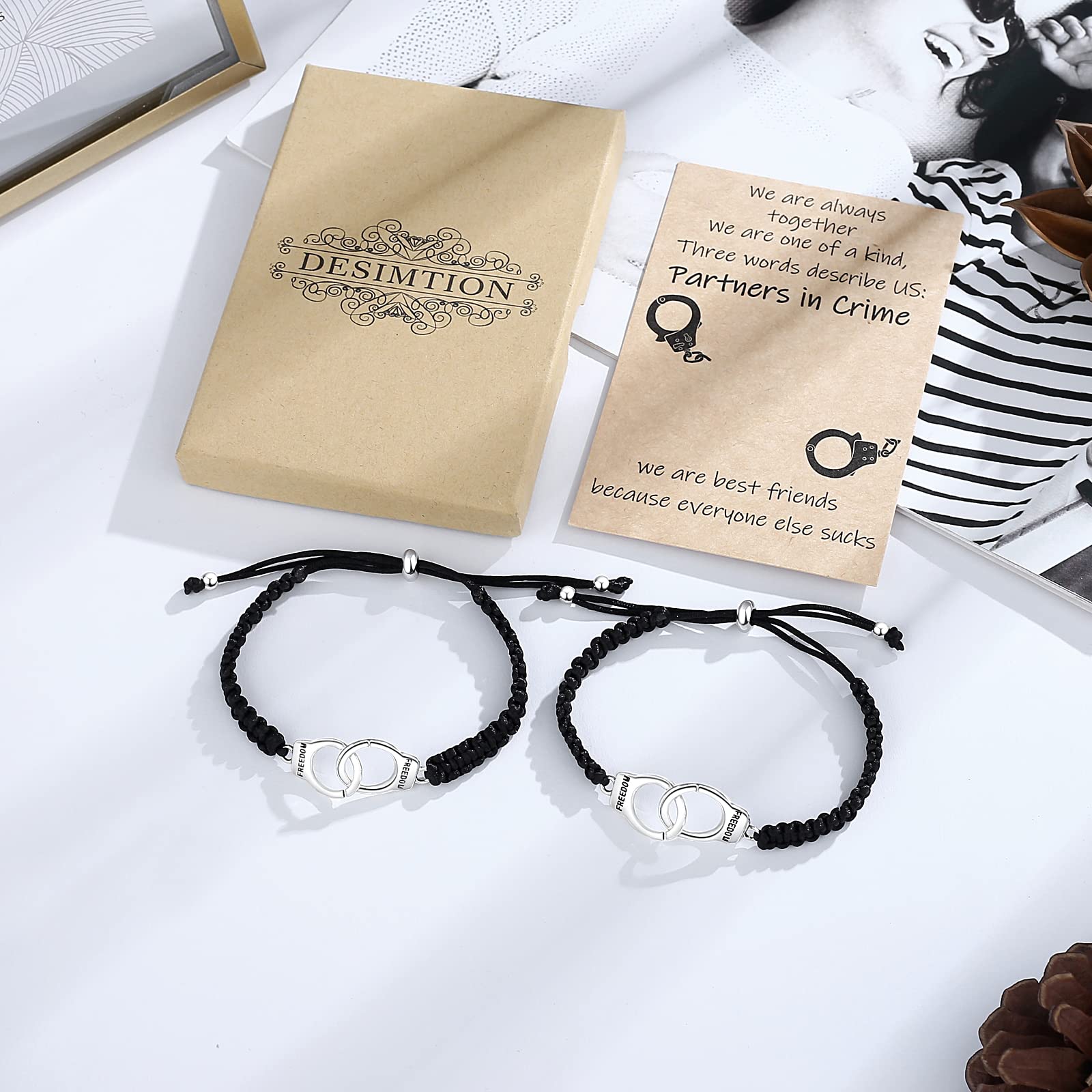 SANNIDHI Friendship Bracelets for 2 Girls, Creative Handcuff Braided Bracelet for Best Friends Adjustable Bracelets for Women Couple Gift (Partners in Crime)