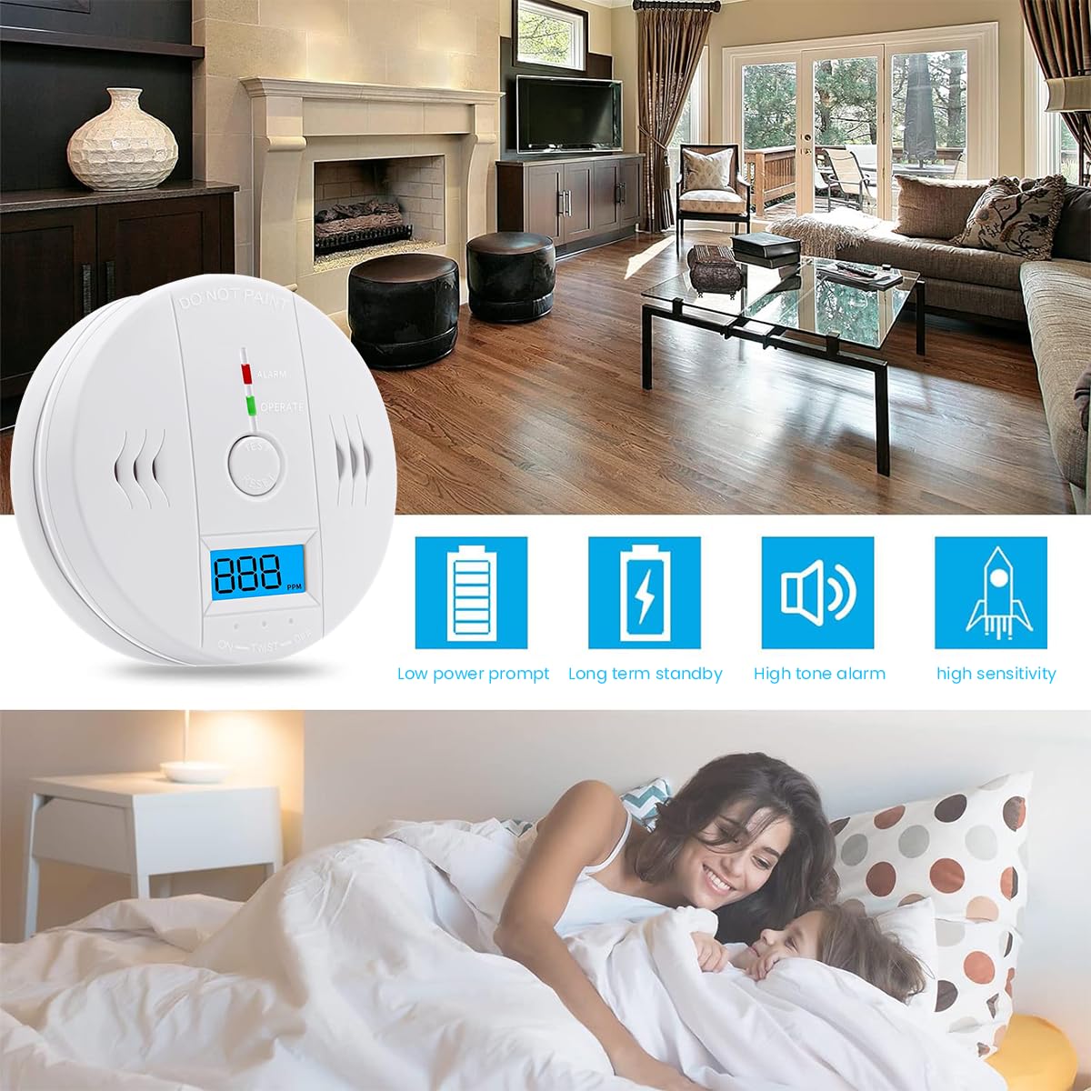 HASTHIP Carbon Monoxide Detector Alarm 85DB Replaceable Battery-Operated Carbon Monoxide Alarm Detectors with Digital Display & LED Lights CO Alarm Device for Kitchen Bathroom (Battery NOT Included)