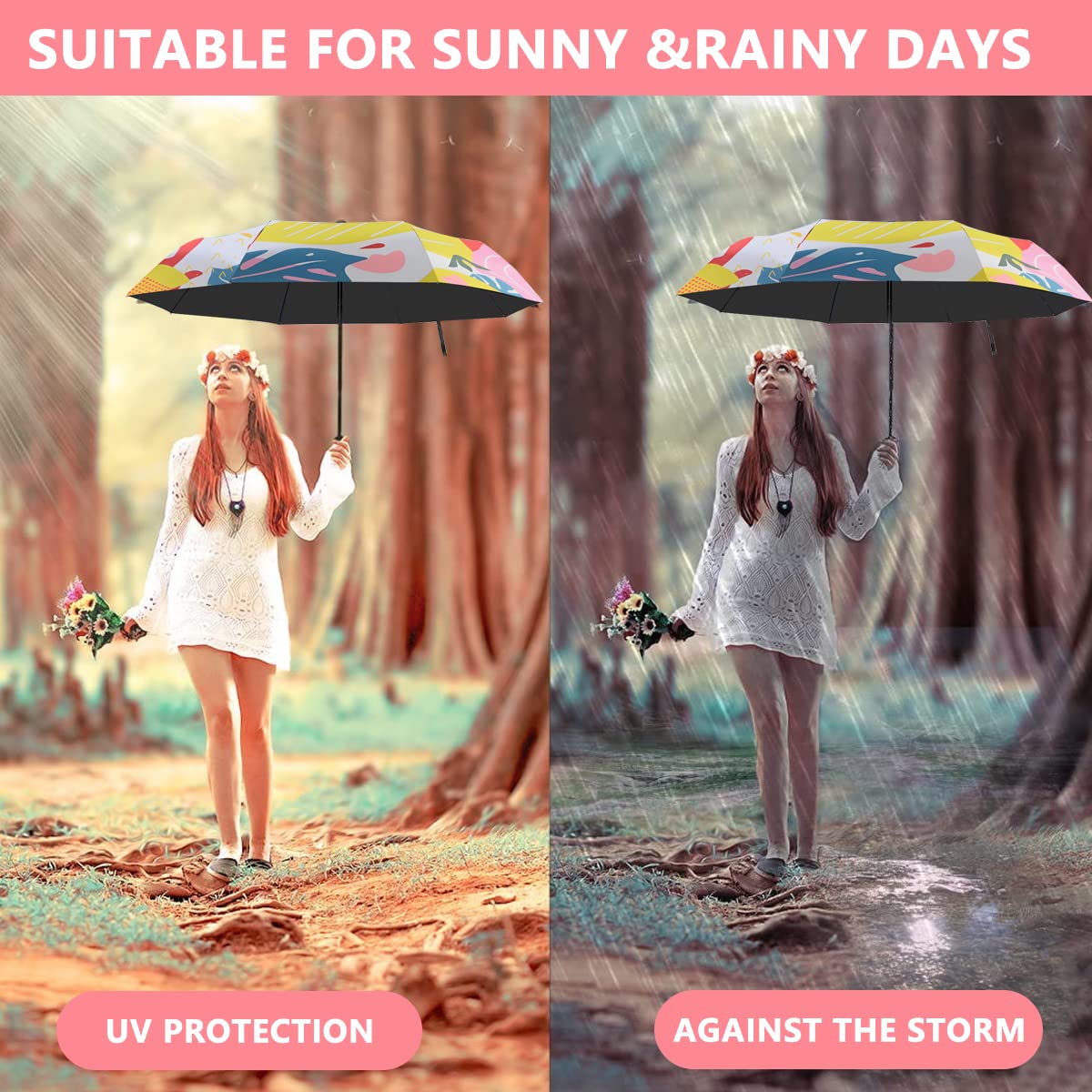 PALAY Umbrella for Women, Automatic Folding Travel Umbrella Windproof Strong 8 Ribs UV Protection Printed Design Umbrella for Ladies, Girls and Women