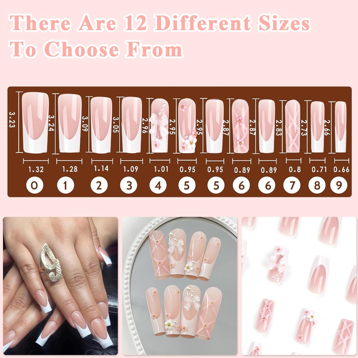 MAYCREATE 24Pcs Press on Nails Medium Long Fake Nails Pink Acrylic French Nails with Designs Glossy 3D Flower Pearl Full Cover False Nail Tips Artificial Nails for Woman Nail Art