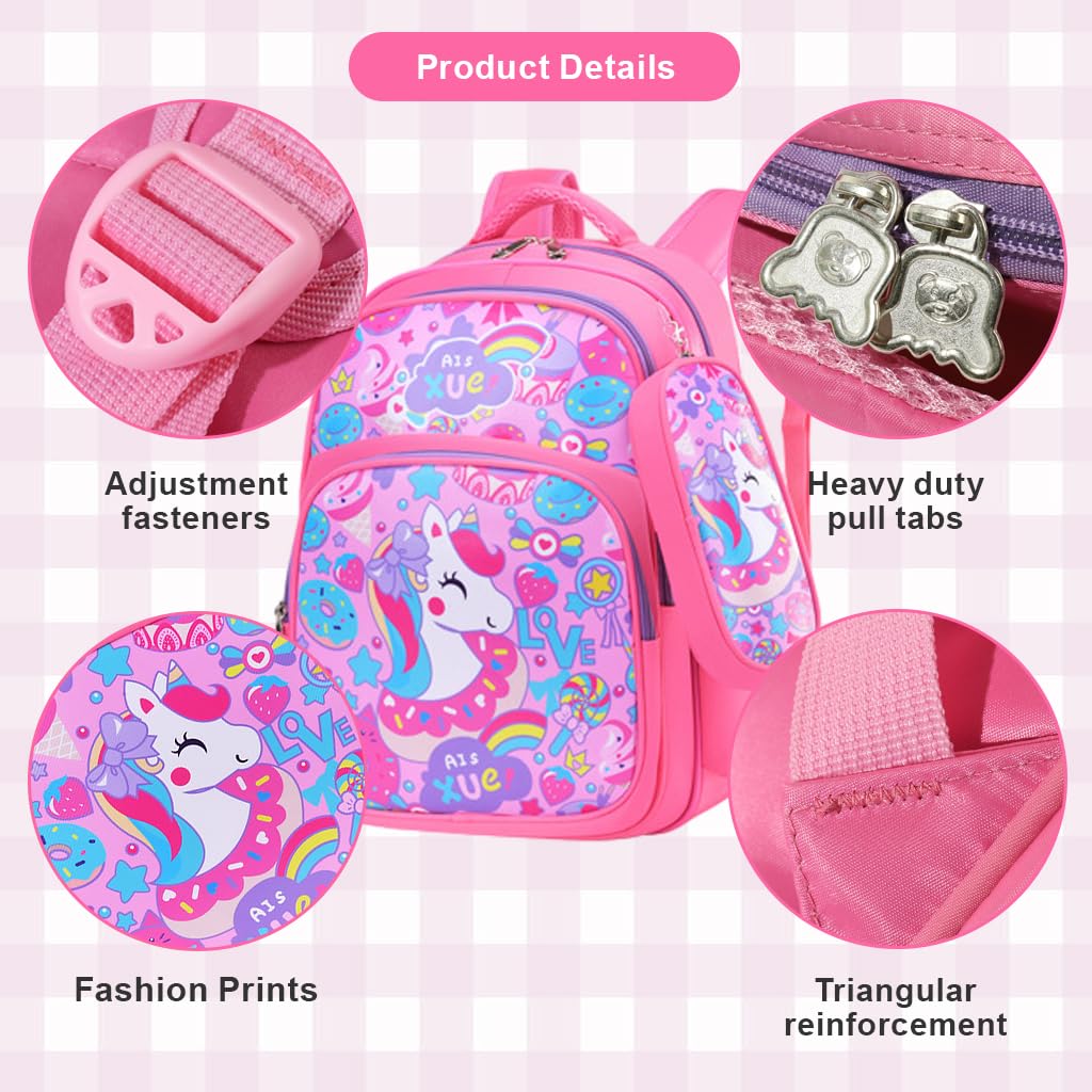 PALAY School Backpack Pencil Pouch Pink Unicorn Print School Backpack for Schoolgirls, Waterproof Backpack for School, Travel, Camping Burden-relief Backpack School Gift for Kids 6-8Years Old