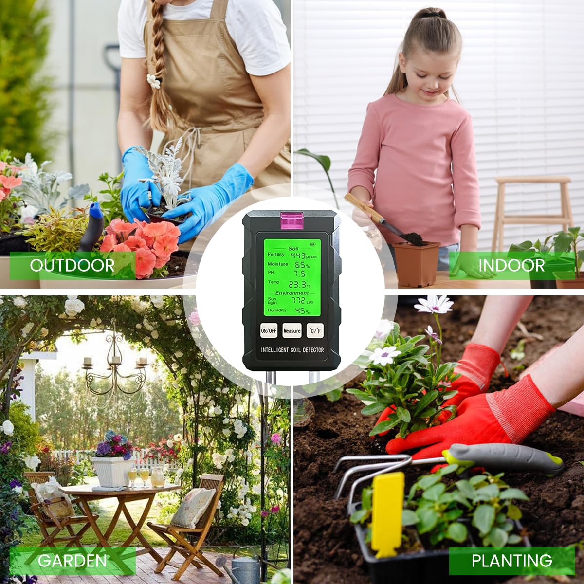 Serplex Soil Meter 6 in 1 Dual Probes Soil Meter for Moisture /Temp/PH/Humidity/Sunlight Intensity/Conductivity LCD Digital Soil Moisture Meter Precison Agriculture Soil Meter Battery Operated
