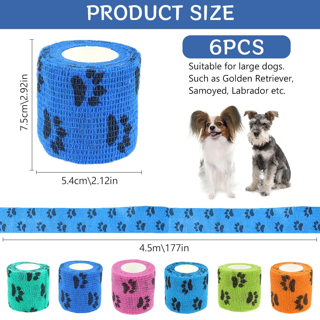 Qpets 6Pcs Pet Injury Recovery Bandage Self Adhesive Non Woven Bandage Wide Elastic Bandage Color Paw Print Lick Proof Ingury Recovery Bandage (7.5 * 4.5CM)