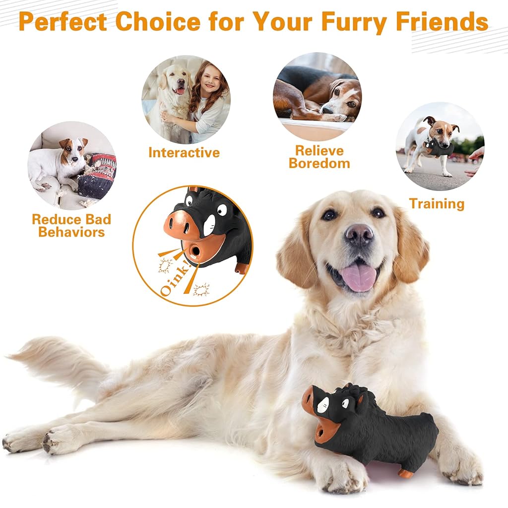 Qpets Squeaky Dog Toy Interactive Play, Pig Latex Dog Chew Toy Grunting Durable Rubber Soft Pet Toys Funny Voice Decompression Fetch Training for Small Medium Dog
