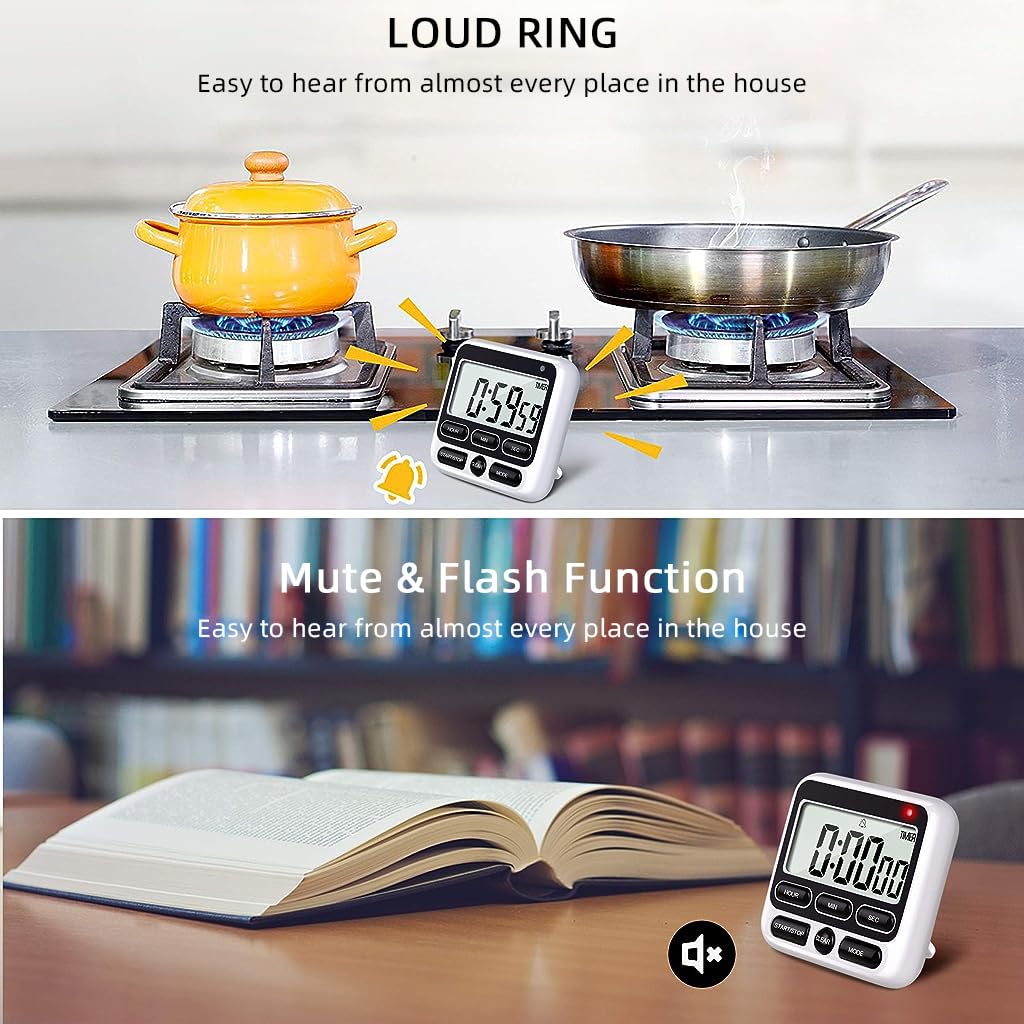 HASTHIP LCD Digital Kitchen Timer Magnet Alarm Clock 24hs Countdown Timer Time Reminder Baking Timer with Folding Bracket Battery Powered Timer for Kitchen, Study, Working Out (Battery Not Included)
