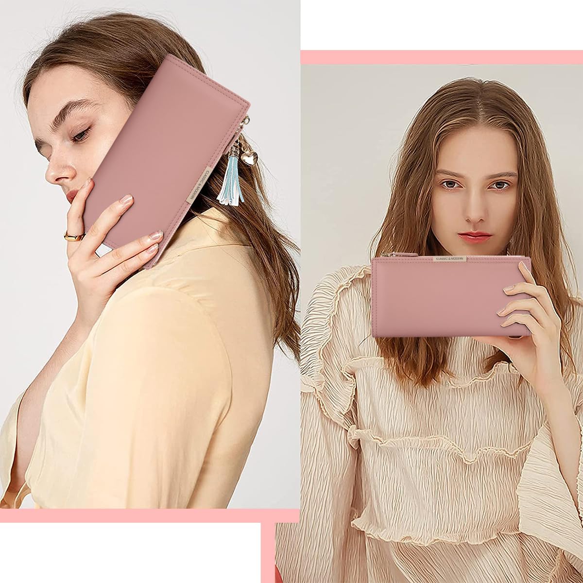 PALAY Wallet For Women Sleek Pink Women Purse Card Holder Card Bag Bifold Long Purse with Zipper Pouch Gift for Women Mother's Day Gift