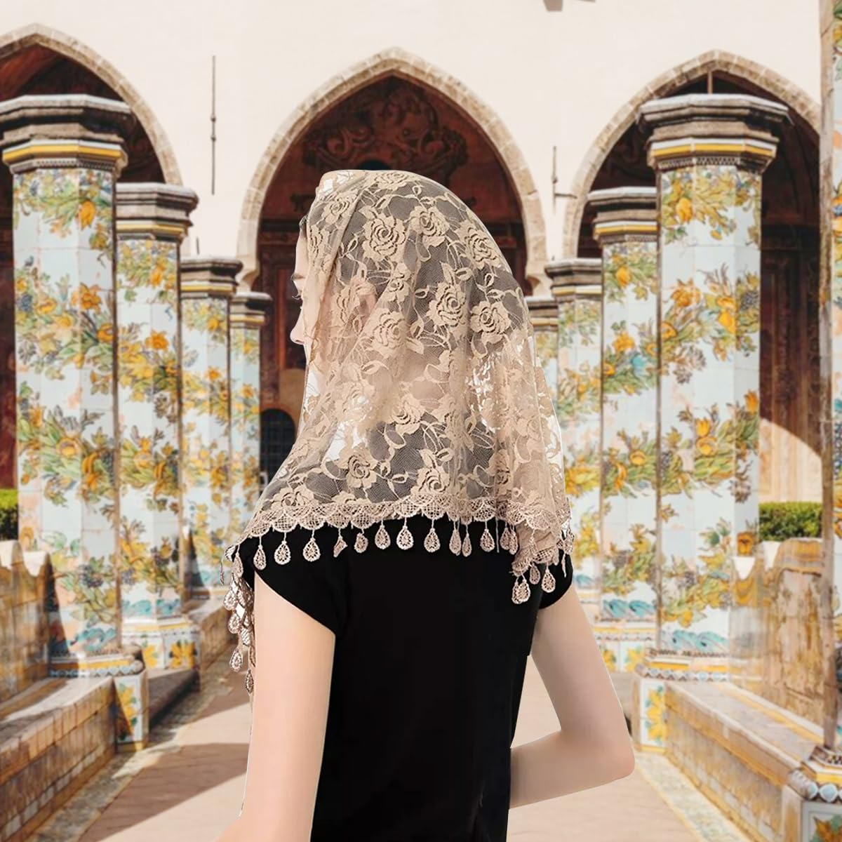PALAY Mass Veil for Women, Triangle Chapel Mantilla Lace Veil Shawl, Embroidery Rose Tassle Head Scarf Covering, Ladies Church Cathedral Headwear(Brown)