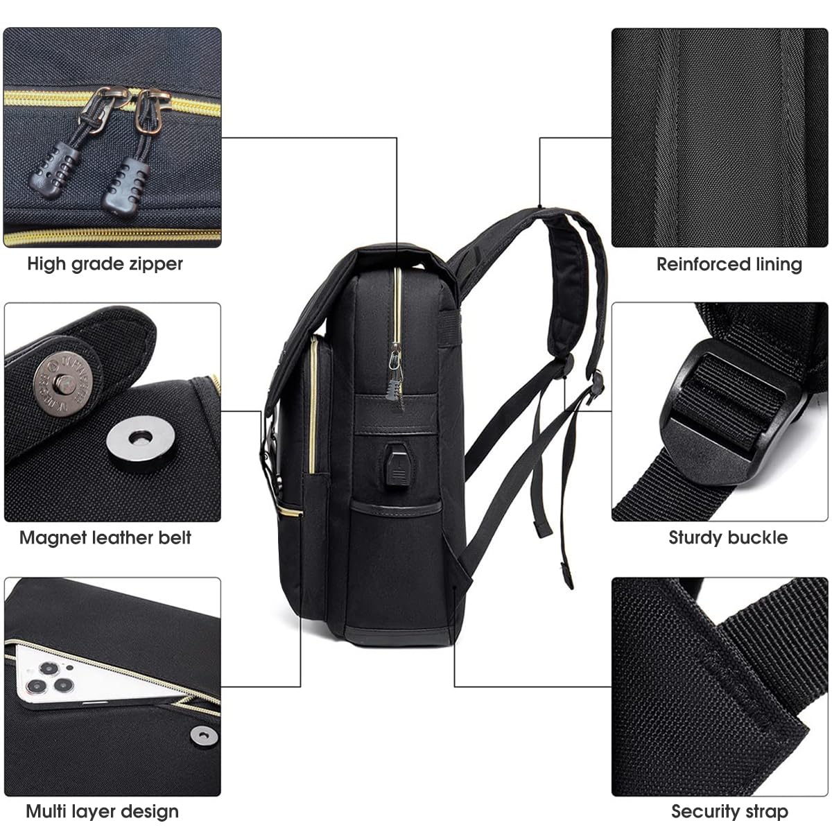 GUSTAVE Men's Backpack 15.6 inches Business Laptop Backpack Fashion Waterproof Nylon Backpack Travel Backpack Multi-pocket Large Backpack for School, Work, Travel, 30x13x42cm