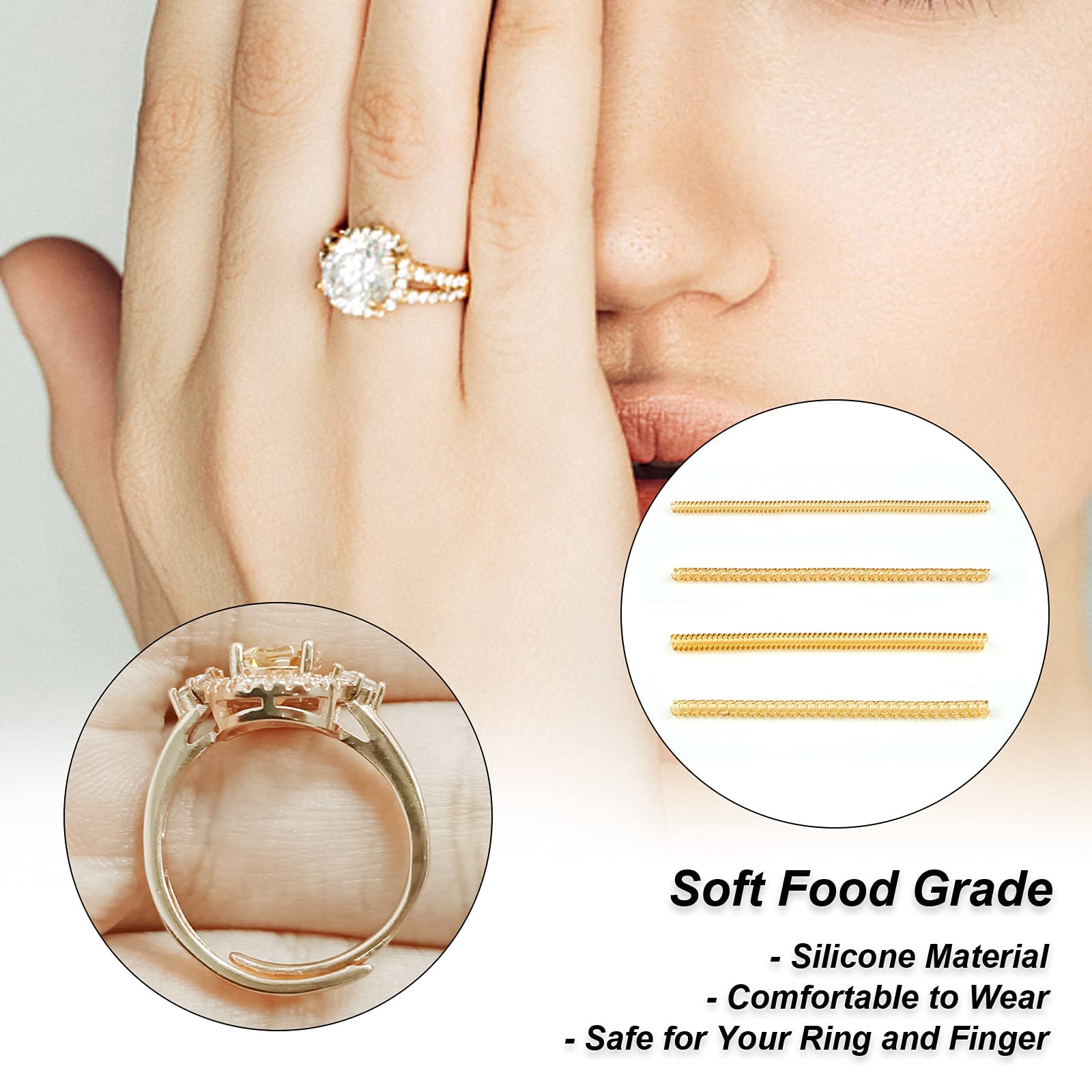 PALAY 8 Pack Spiral Ring Size Adjuster for Loose Rings, Invisible Ring Resizer, Reducer Guard to Make Silver or Gold Rings Smaller - Silicone Ring Clips, Spacers, Tightener- Golden