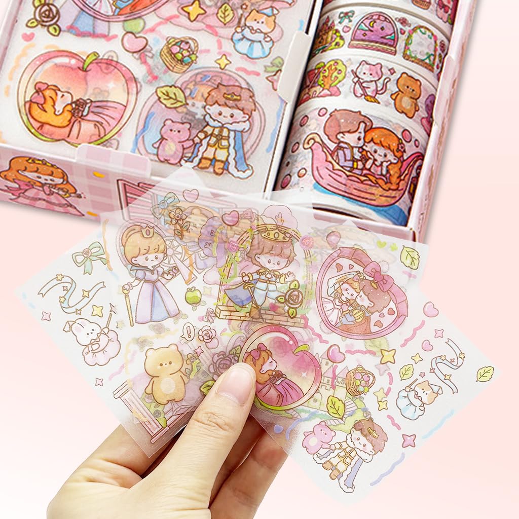 HASTHIP 4 Rolls Kawaii Scrapbooking Cartoon Sticker Tape Masking Tape with 4 Sheet Cute Cartoon Stickers DIY Decorative Stickers for DIY Art Craft Album Scrapbook Diary Gift Decoration, Pink