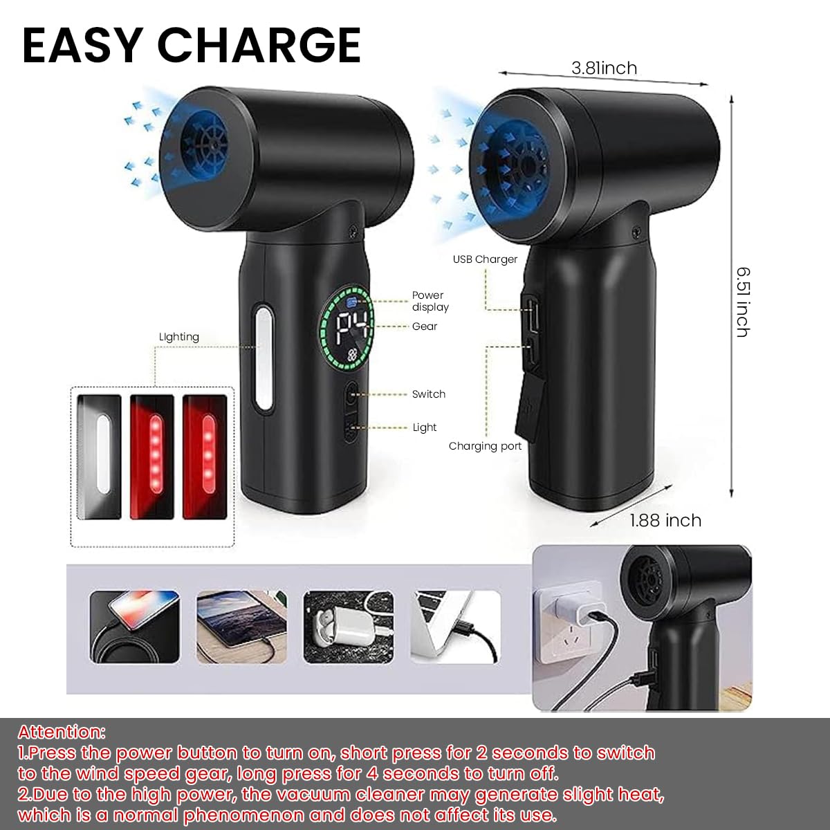 ZORBES Electric Dust Blower, Wireless Air Duster Car Vacuum Cleaner, 2 in 1 Electric Air Blower with LCD Digital Display, 120W USB Cordless Air Blower with LED and Interchangeable Nozzles for Home, Computer