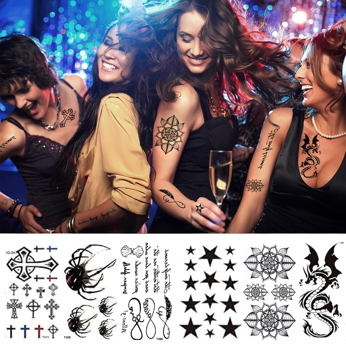 MAYCREATE 36 Sheets Temporary Tattoo for Men Women, Large Tattoo Sticker for Arm Legs, Half Arm Band Tattoo, Waterproof Fake Black Tattoos for Party, Club, Perform, Special Makeup