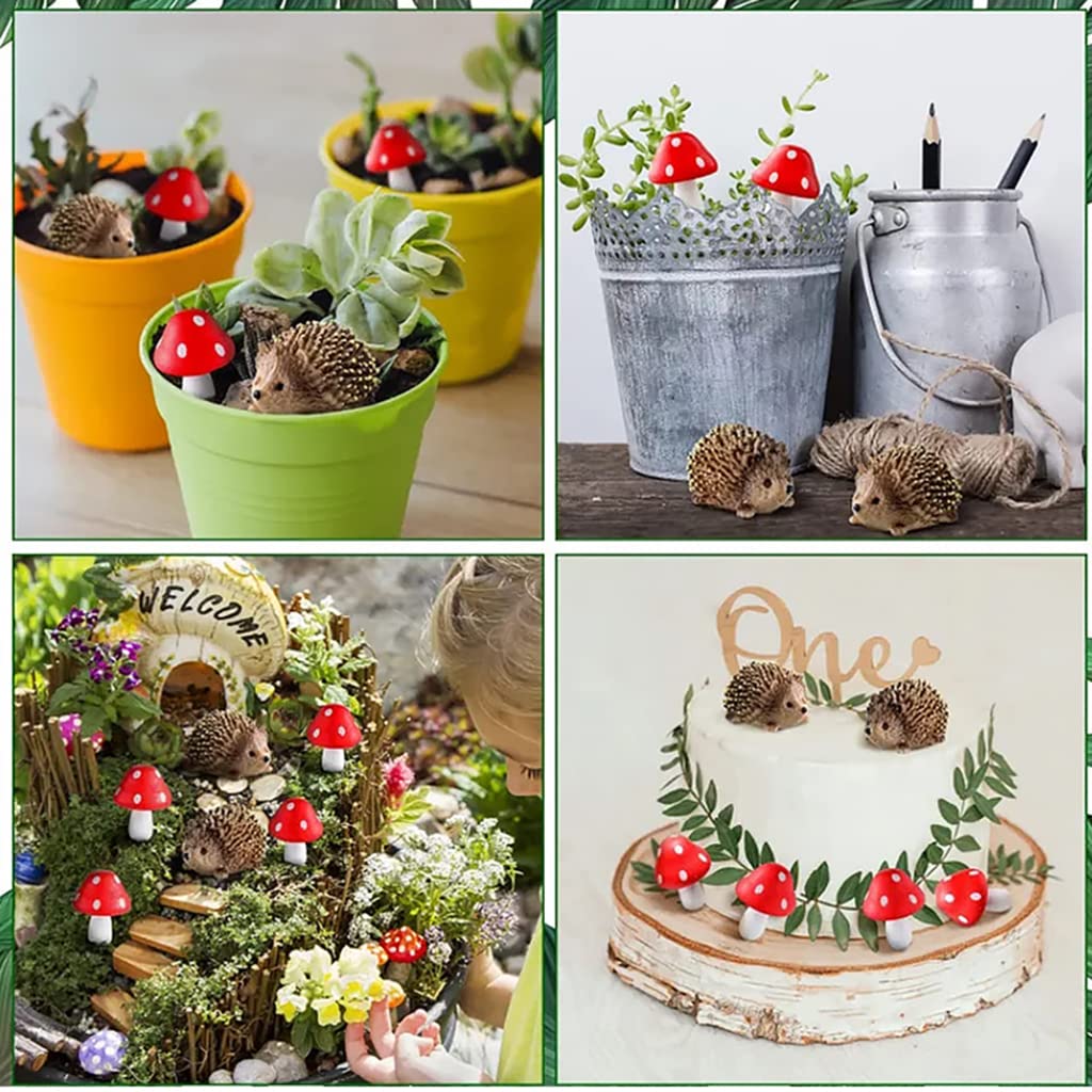 HASTHIP 6PCS Fairy Outdoor Garden Animals Figurines Outdoor Fairy Wild Garden Accessories Resin Hedgehogs and Wood Mushroom Miniature Garden for Plant Pots Bonsai Craft Decor Fairy Wild Garden