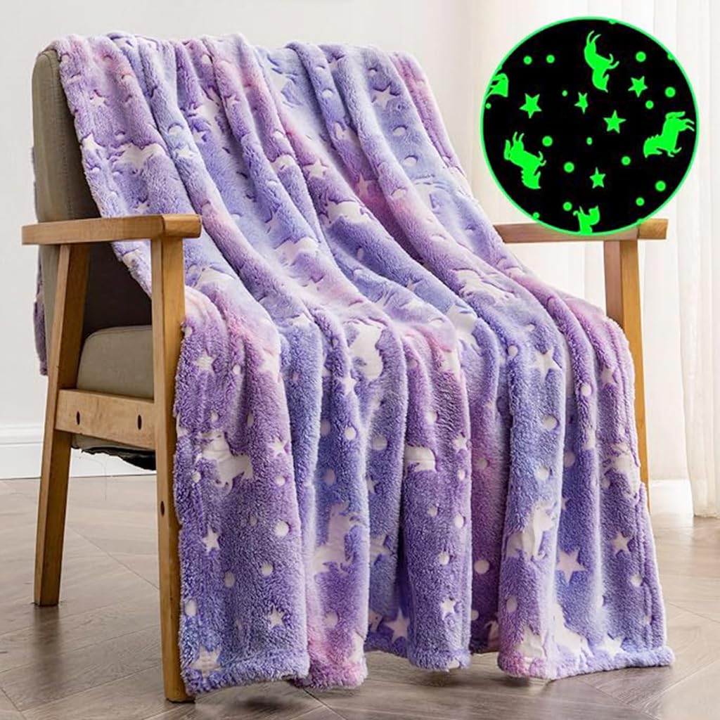 ZIBUYU Winter Blanket for Kids Girls Flannel Blanket Warm Soft Night Glow in Dark Furry Safe Luminous Unicorn AC Blanket for Boys & Girls (70 x 60 inch) - Purple