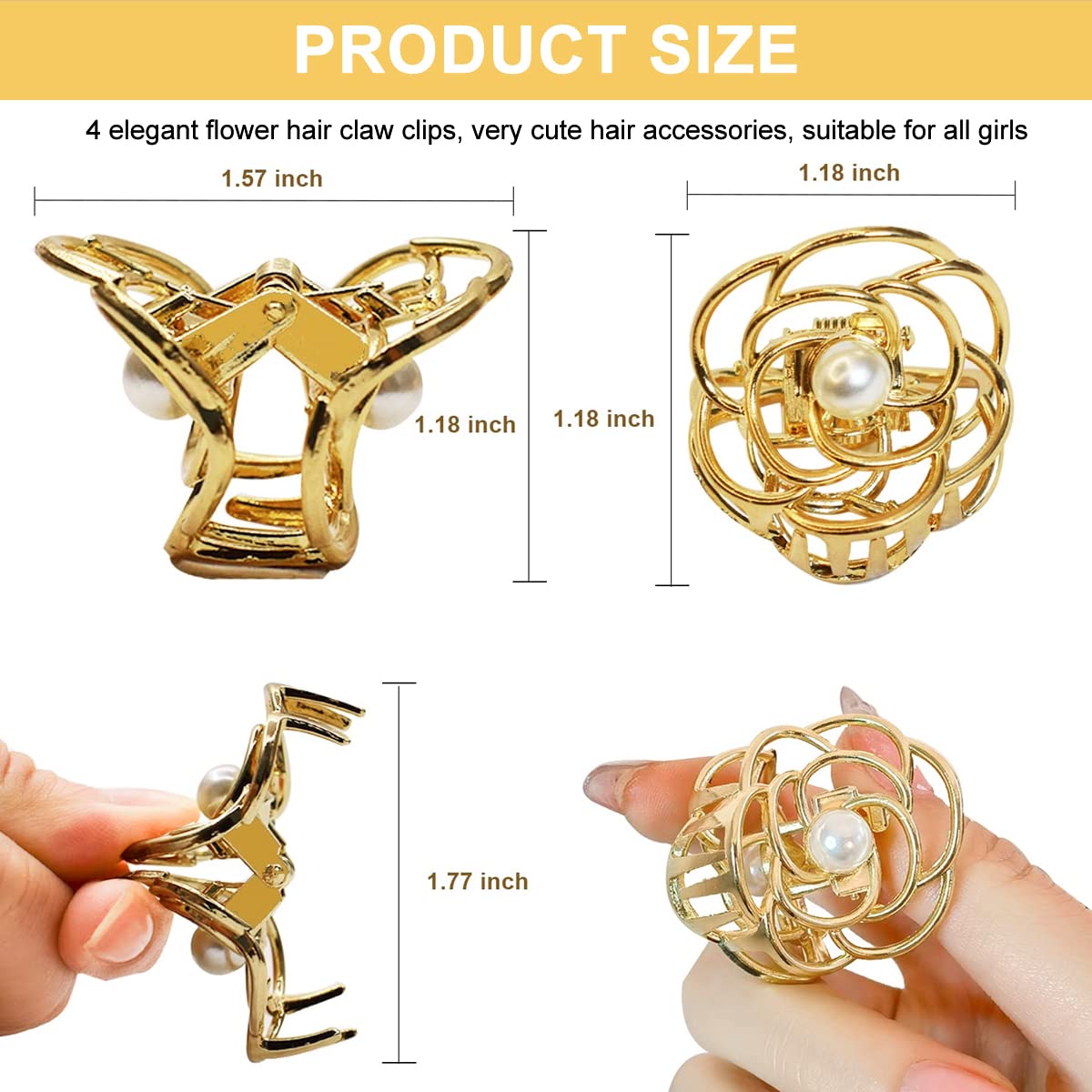 PALAY 4 Pcs Small Hair Clips for Women Stylish Latest Rose Flower Metal Hair Claw Clips, 1.4 Inch Cute Pearl Gold Silver Jaw Clamp, Nonslip Fancy Horsetail Clip Hair Accessories Girls Gift