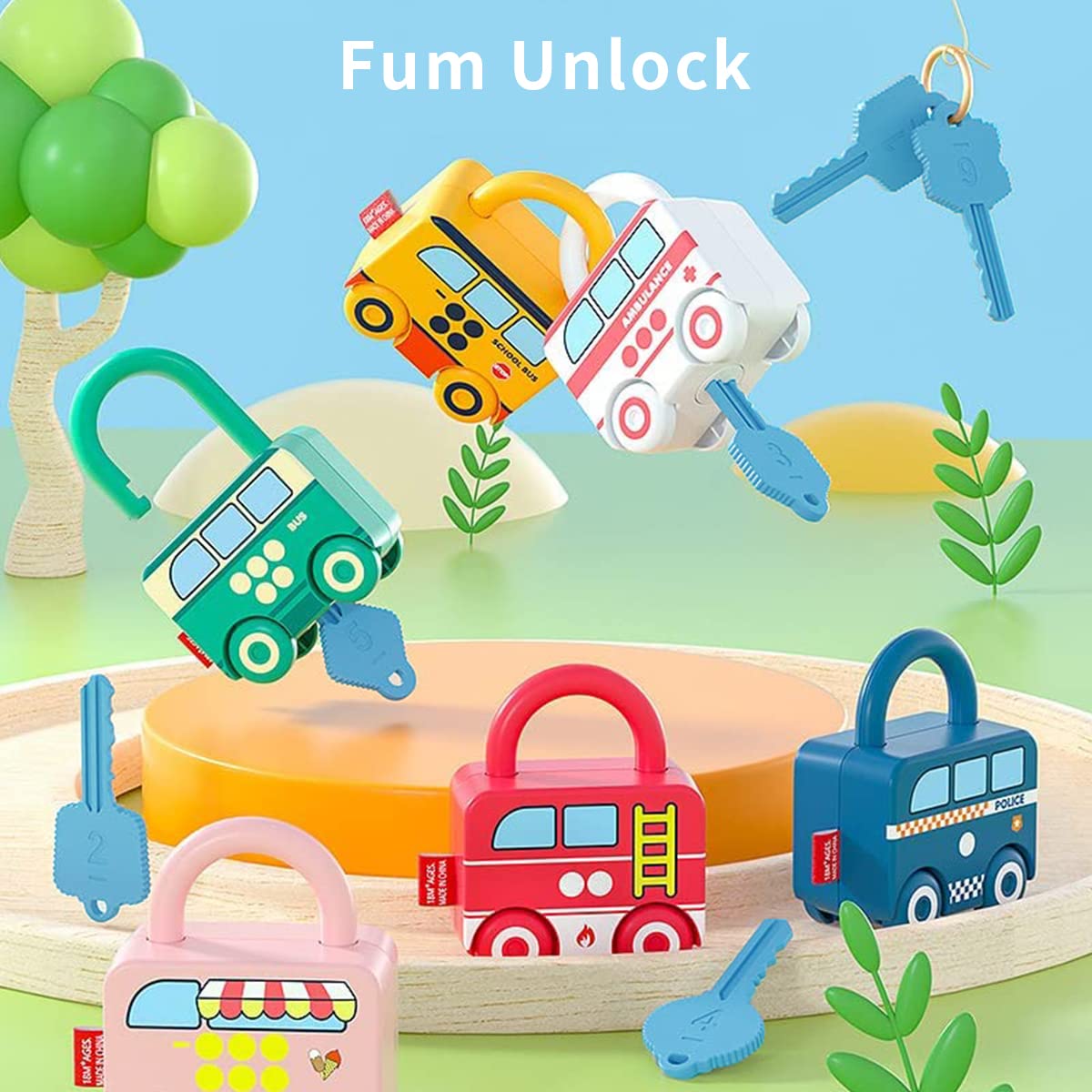 PATPAT 6 Pcs Lock and Key Car Toys, Creative Matching & Sorting Toys with Numbers and Vehicle Names, Early Learning Toy for Toddlers and Preschool Children, Christmas Gift with Gift Box