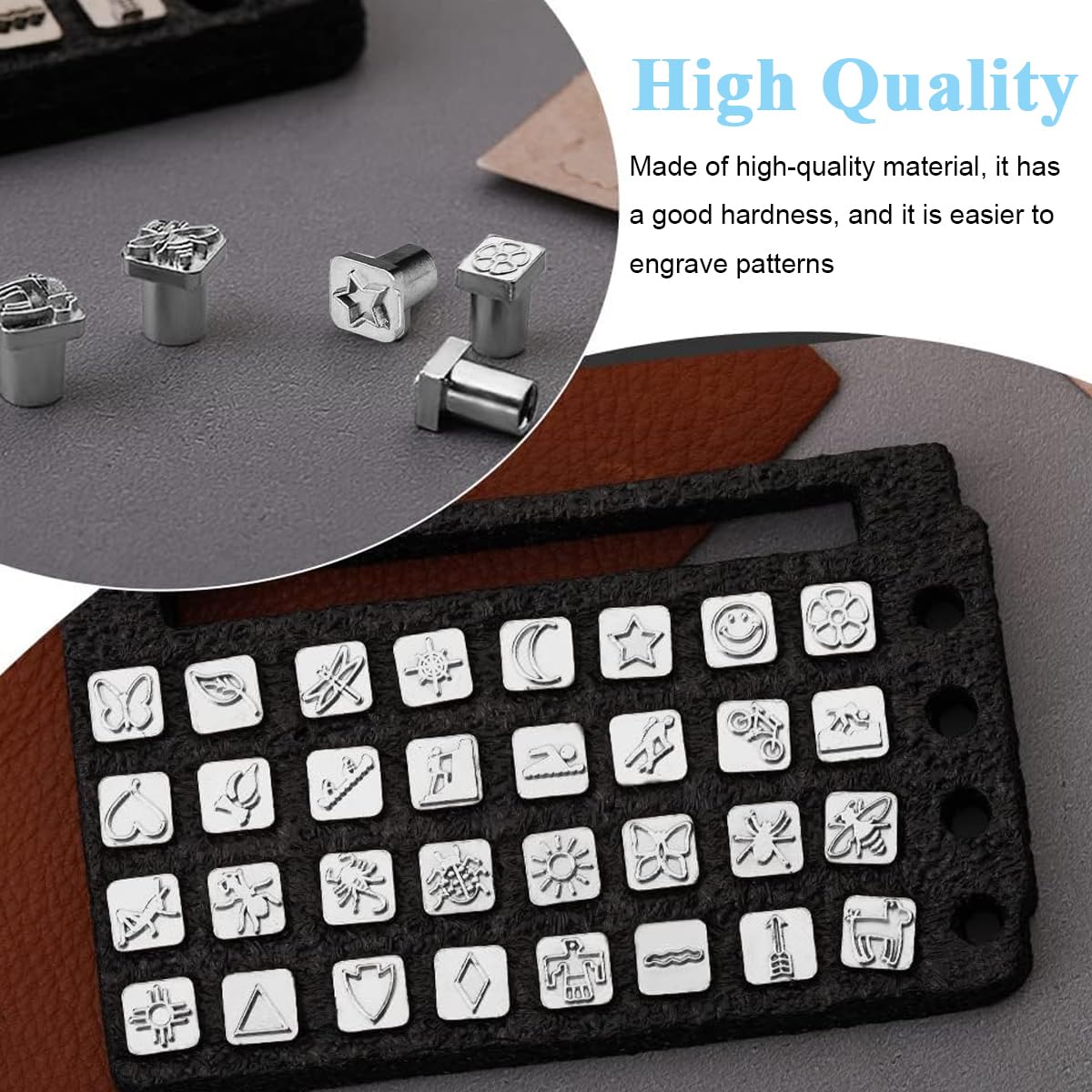 HASTHIP Leather Stamping Tools, Leather Stamping Tool Kit with 32pcs 0.39 Inches Metal Stamps & Spring Snap Setter Leather Punch Tools, Leather Stamp Set Leather Stamps for Leathercraft