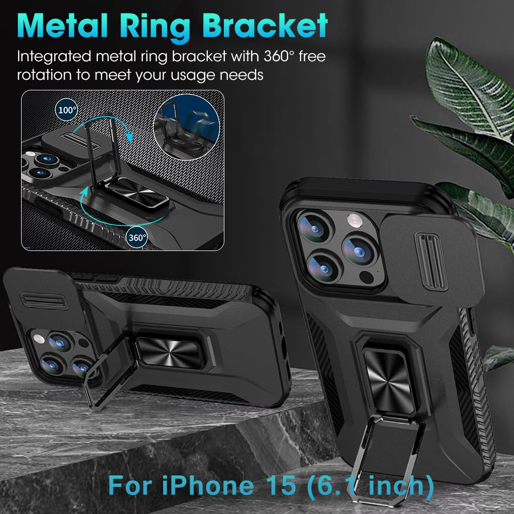 ZORBES Phone Case for iPhone 15 Multifunctional Phone Cover with Folding Phone Ring Grip & Sliding Camera Cover, PC Anti-Scratch Phone Case for iPhone 15 6.1 inch Black