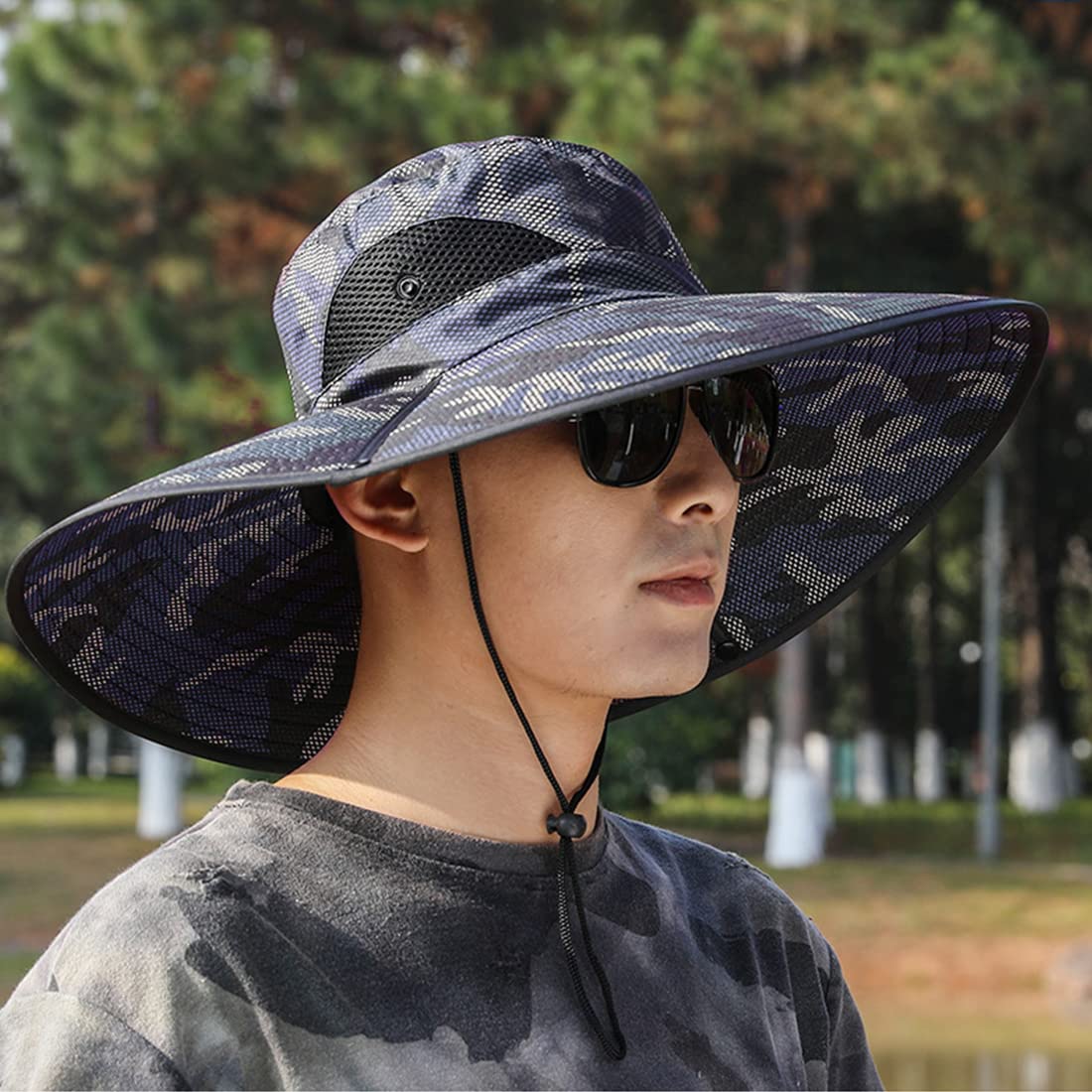 GUSTAVE Wide Brim Bucket Hats, Summer Caps for Men,with Adjustable Chin Strap,Classic Solid Color,Breathable Mesh Caps,Outdoor UV Protection for Summer, Travel,Hiking, Camping (Camouflage)