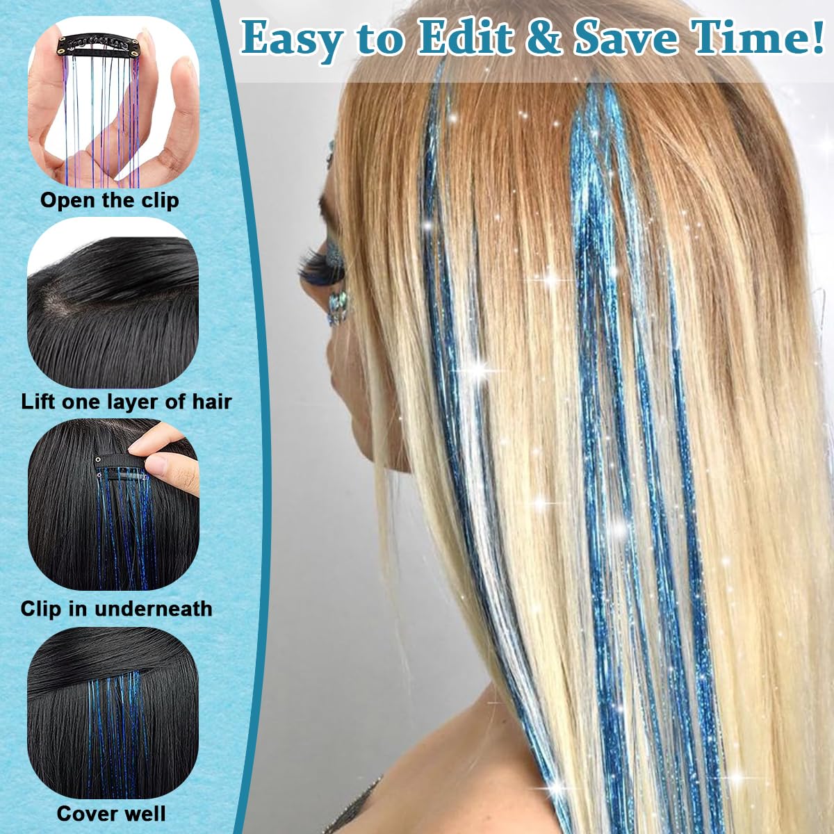 MAYCREATE Tinsel Hair Extensions Glitter Hair Tinsel Kit, Sparkling Fairy Styling Hair Tinsel Extensions with Tools (47 Inch, 12 Colors, 2400 Strands)