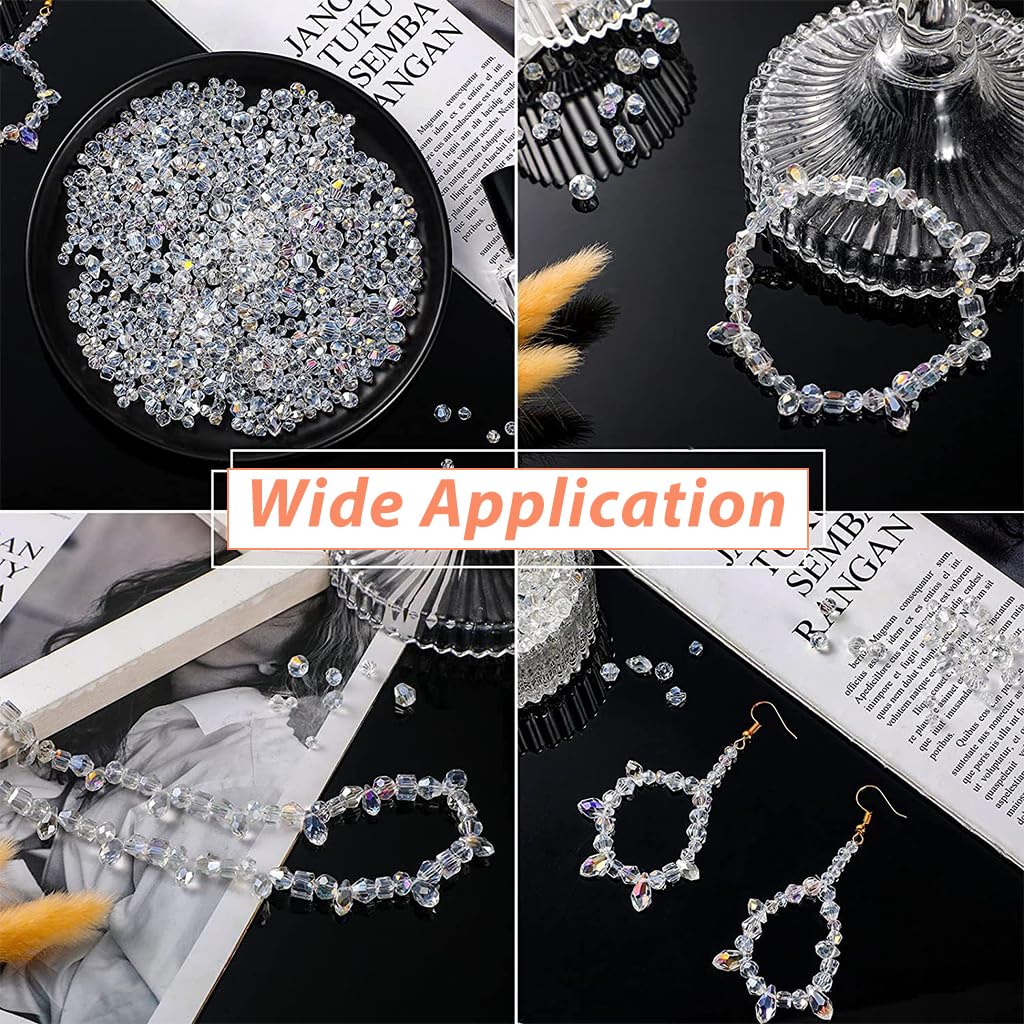 SANNIDHI 1300Pcs Glass Beads Crystal Beads for Jewellery Making, 5 Shapes Shining Faceted AB Clear Spacers Beads, Teardrop, Bicone, Square, Cube, Rondelle Beads Bulk for DIY Bracelet Earring Crafts