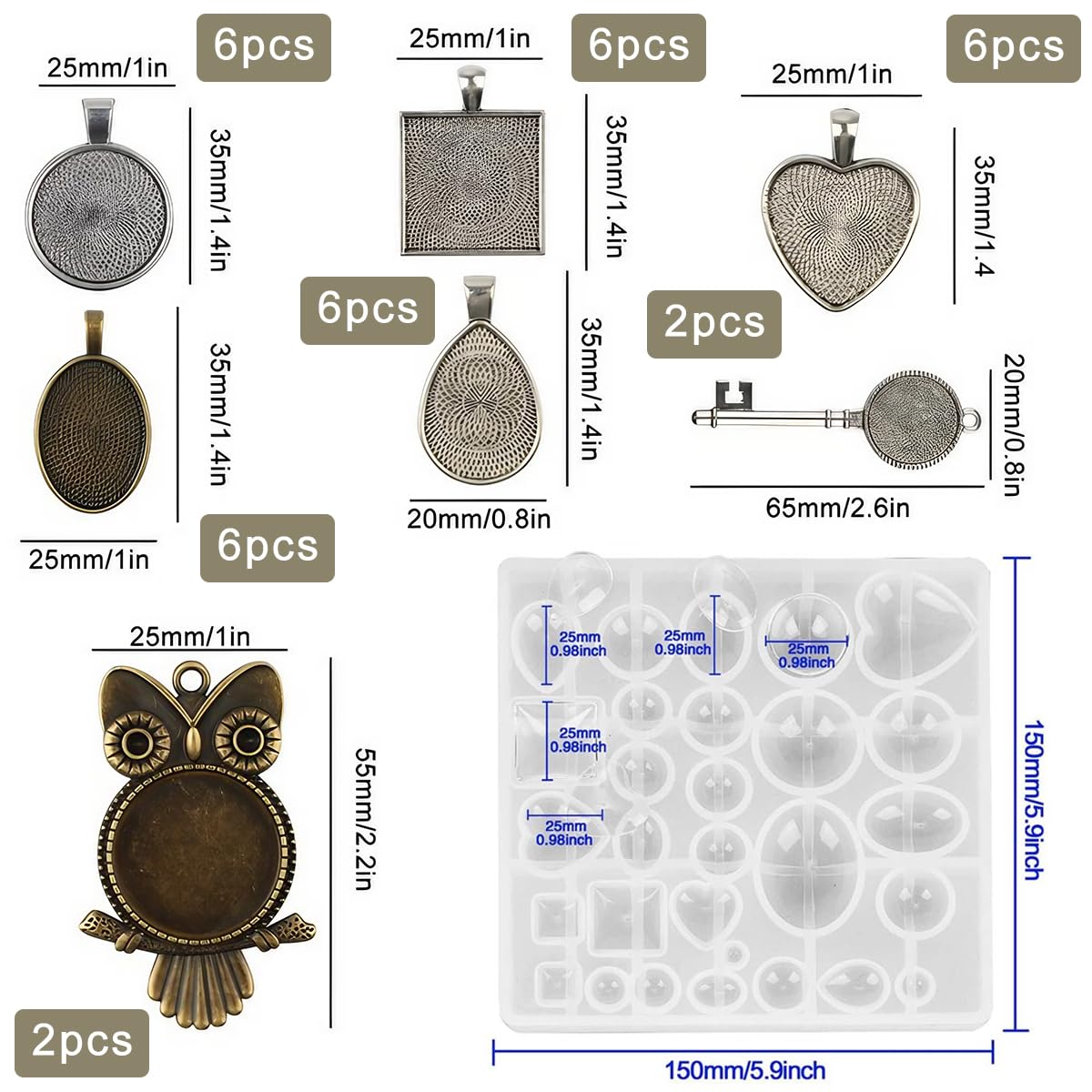 HASTHIP 35Pcs Resin Molds Set Pendant Trays DIY Jewelry Making Resin Molds Set, 7 Styles Metal Pendant Backs and 1 Pc Silicone Epoxy Jewelry Casting Molds for Pendant Crafting DIY Jewelry Gift Making