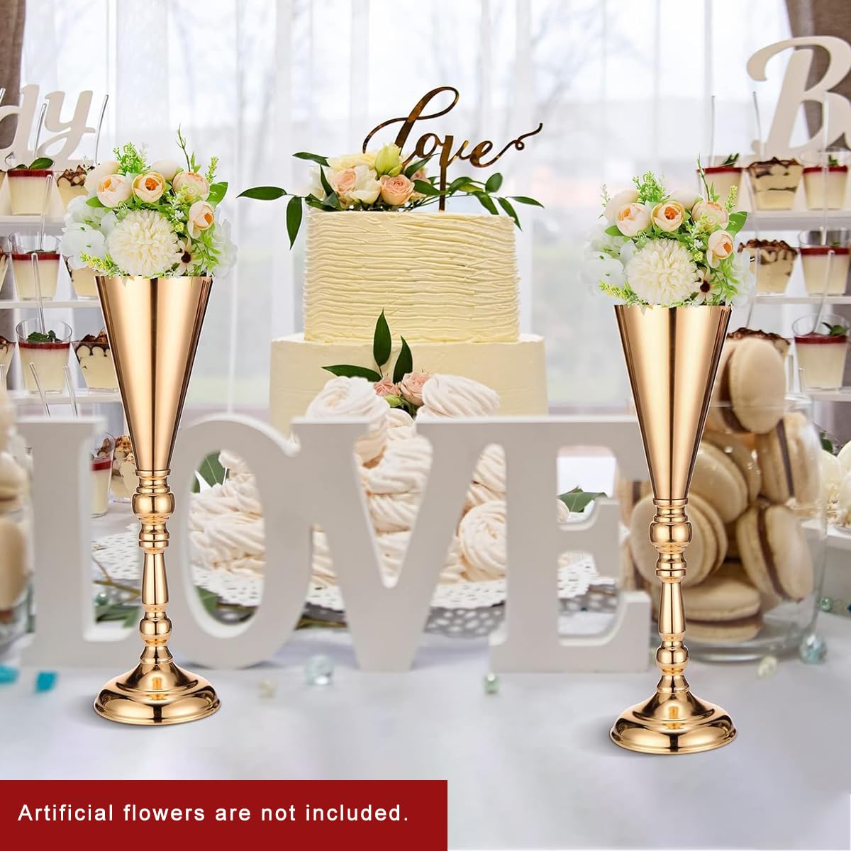 HASTHIP 2Pcs Tabletop Metal Wedding Flower Trumpet Vase -Wedding Centerpiece Flower Vase, 16.5 Inches Luxury Golden Metal Flower Holder Vase for Dining Table Decoration, Wedding, Party, Home Decor