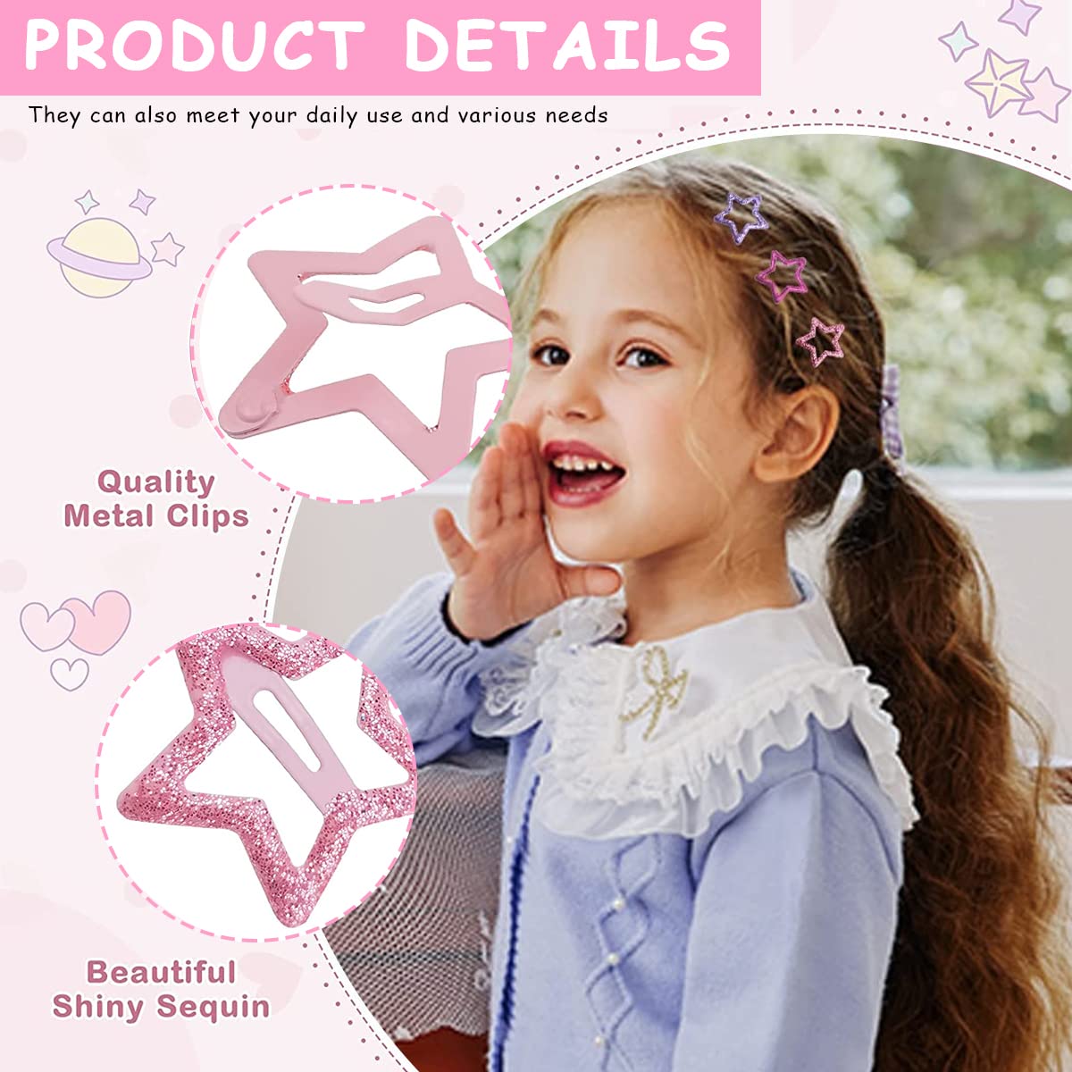 PALAY Snap Hair Clips for Girls Kids, 20Pcs Shining Stars Metal Hair Barrettes Non-slip Colorful Cute Hair Accessories for Toddlers Teen Girls