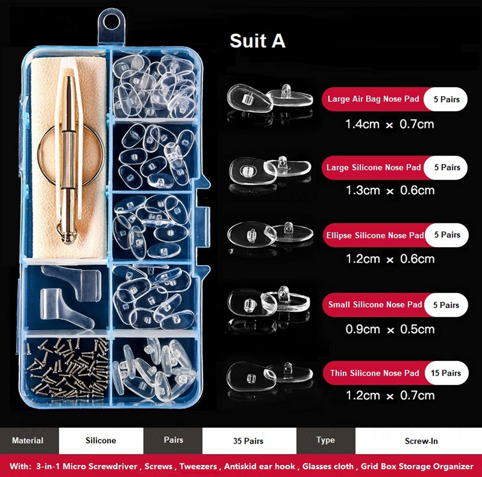 ELEPHANTBOAT Eyeglasses Nosepad Repairing Kit,35pcs Silicone Nosepad with 3 in 1 Screwdriver,Screws Tweezers,Antiskid Earhook,Glasses Cloth,Grid Box Storage Organizer,5 shape