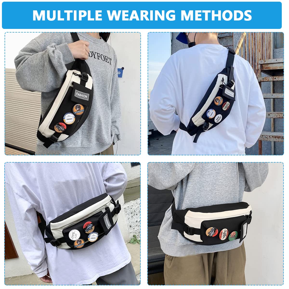 GUSTAVE Waist Bags for Men Women with 4 Badges and Adjustable Strap, Waterproof Bumbag Creative Stylish Sport Chest Bag Waist Pack for Hiking Travel Camping Running Sports Outdoors