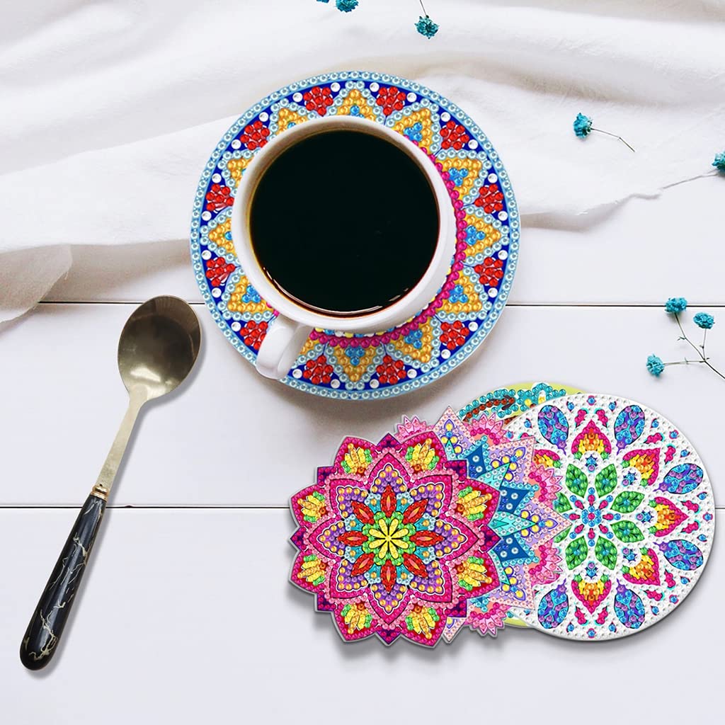HASTHIP 8Pcs Diamond Painting Coasters with Holder, DIY Mandala Coasters Diamond Painting Kits for Beginners, Adults & Kids Art Craft