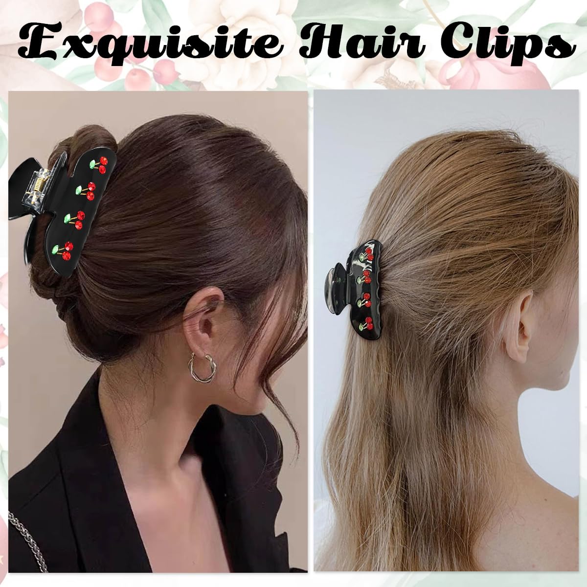 PALAY Hair Claw Clips for Women Cute Cherry Claw Clips Acrylic Hair Claws Medium Size Hair Clips Jaw Aesthetic Nonslip Hair Clamps for Women Ladies - Black
