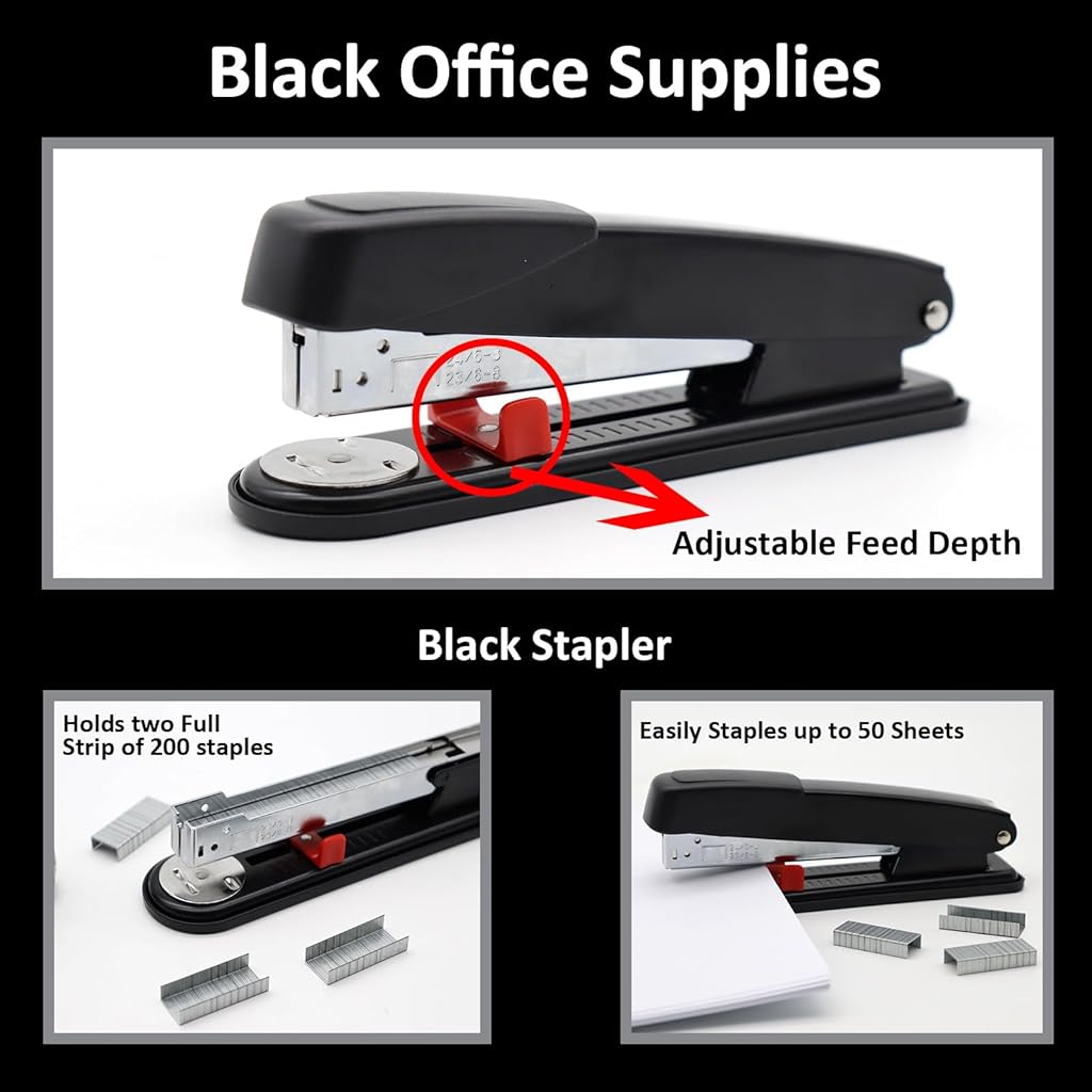 Climberty® Black Desk Accessories Set, Large Stapler, Tape Dispenser, Staple Remover, Scissors, Staples, Clips, Push Pins, Tabs & Ruler, Compact & Durable, Stationery Items for Office, School & Home