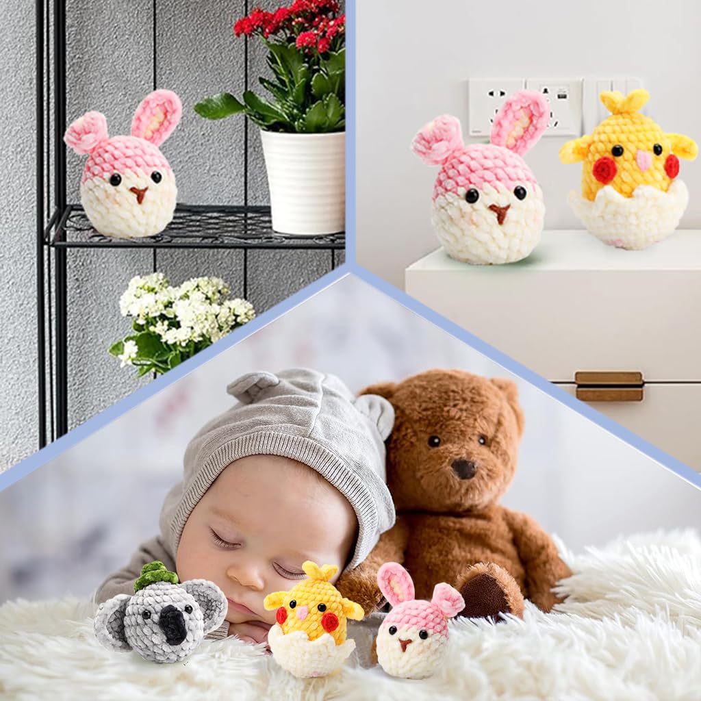 HASTHIP 4Pcs DIY Crochet Kit Set Cartoon Chenille Animals Crochet Stuffed Animal Kit Stuffed Toy Desk Decor Keychain Pendent Starter Crochet Cute DIY Cartoon Crocheting Kit DIY Gift for Kids, Adults