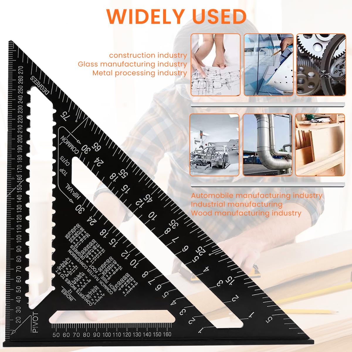 HASTHIP Scale Ruler, 12 Inch Accurate Carpentry Square Tools, Metric Triangle Ruler Square Protractor High Precision Aluminum Alloy Triangle Ruler Double Scale Miter Framing Measurement Ruler
