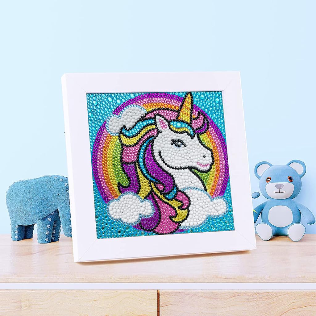 PATPAT DIY 5D Diamond Painting Kit for Kids Rainbow Unicorn Diamond Art Supplies, Arts and Crafts Painting with Frame & Tool, Unicorn Diamond Painting Art Kits for Children Unicorn DIY Desk Decor