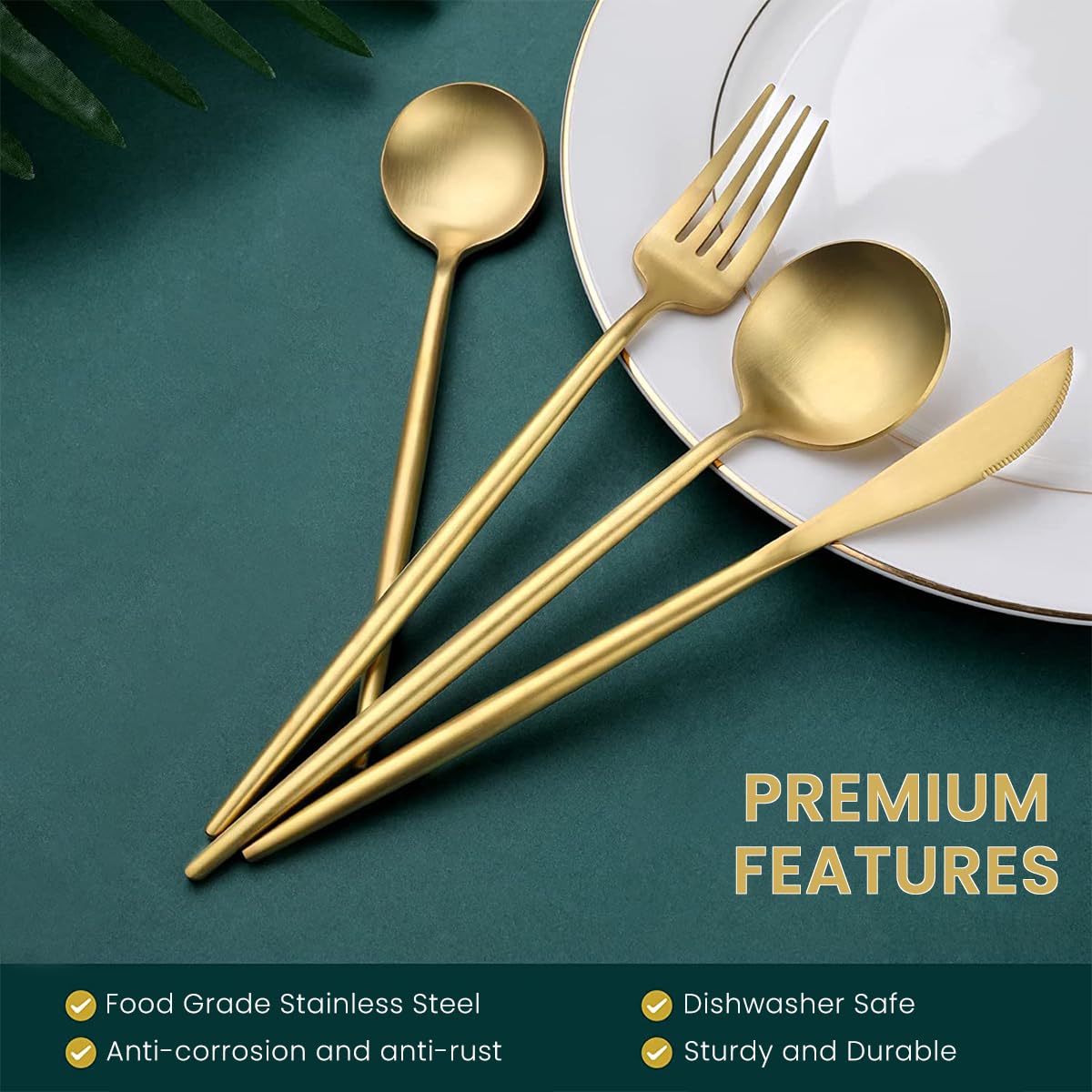 HASTHIP 16 Pcs Stainless Steel Flatware Set, Knives, Dinning Spoon and Fork, Food Grade Dinnerware Set For Home, Kitchen, Restaurant, Mirror Polished, Exquisite Long Handle Cutlery (Gold)