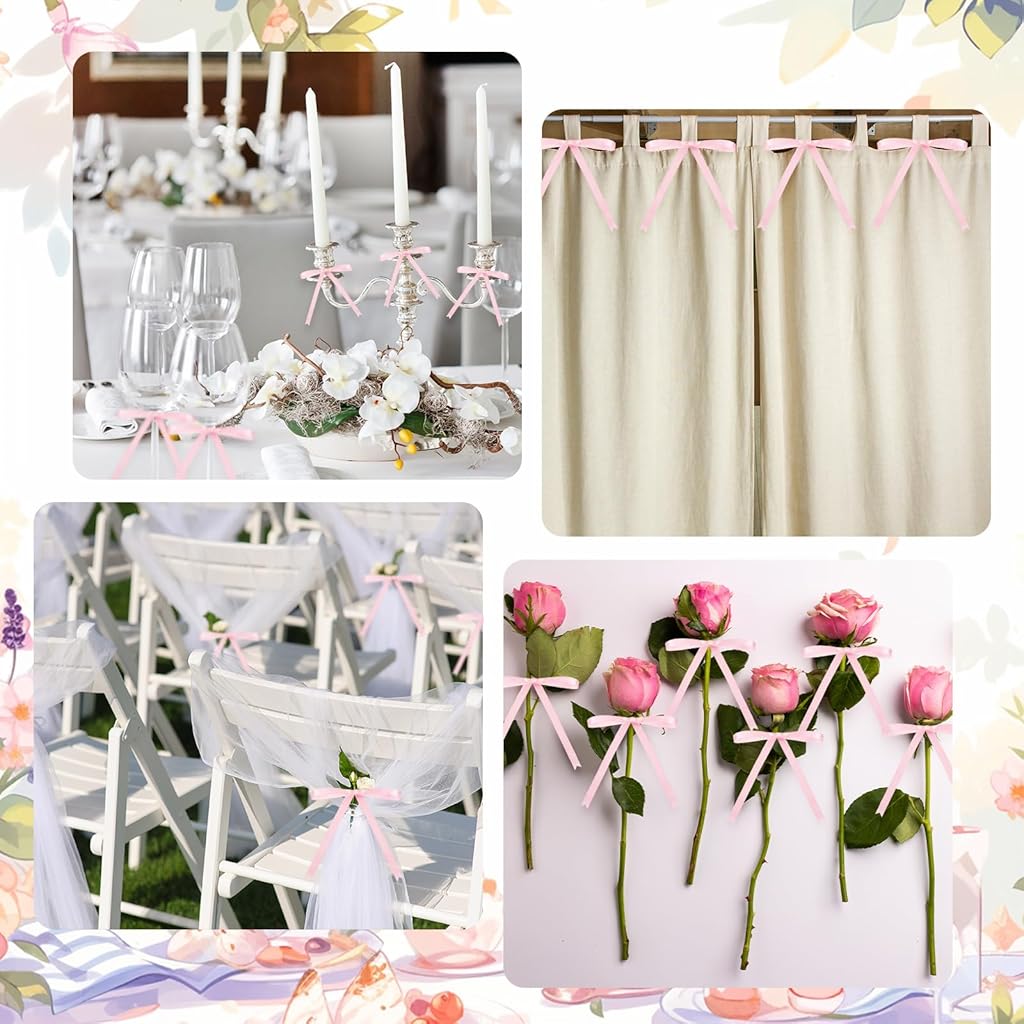 PATPAT® 50Pcs 2.5 Inch Pink Satin Ribbon Bows with Flexible Wire & 1 Roll Pink Lace, Gift Wrapping, Party Favors, DIY Crafts, Elegant Table Setting, Baby Shower, Wedding, Birthday Decor Set