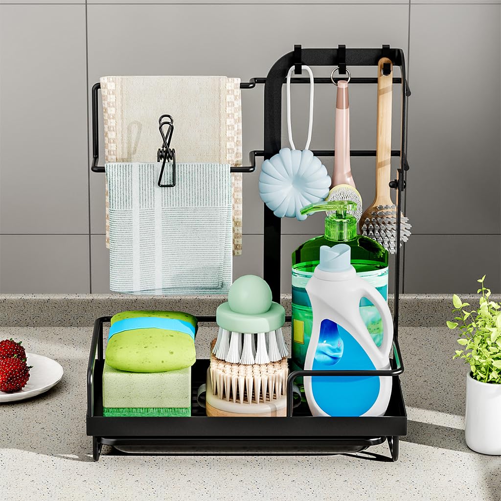 HASTHIP Kitchen Sink Organizer with Drainage System & Water Catch Tray, Sink Caddy Kitchen Sink Organizer, Large Sponge Holder for Kitchen Countertop with Hooks for Dish Brush Gloves, Black