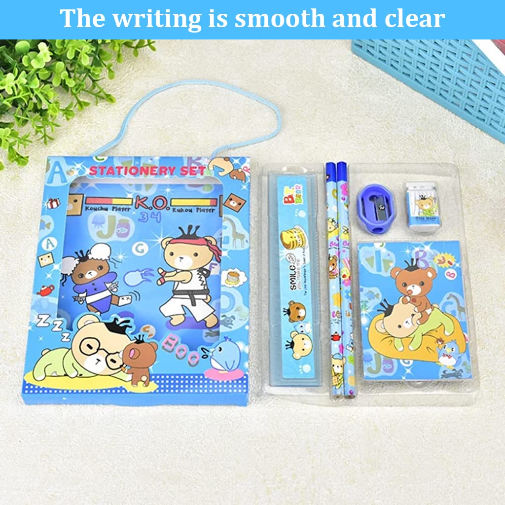 HASTHIP 6PCS Pencil Set for Girls, Pencil for Kids Girls, Stationary Set for Girls, Include 2 Pencils, 1 Pencil Sharpener, 1 Notebook, 1 Cartoon Ruler, 1 Eraser (Blue)
