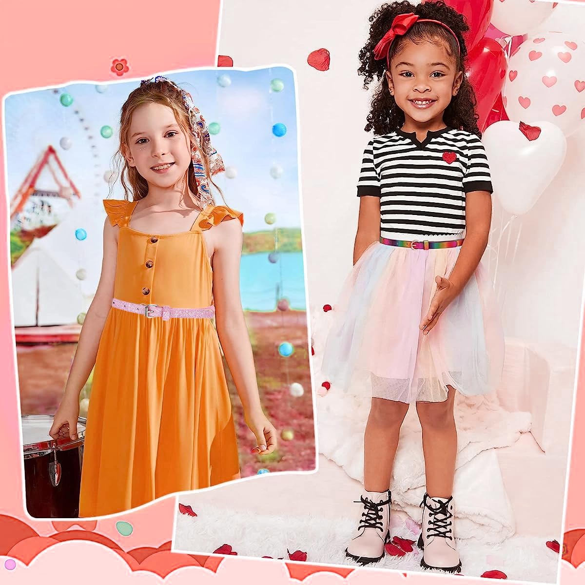 PALAY 2 Pack Belt for Girls, Glittering PU Leather Girls Belt, Rainbow Waist Belt for Jeans Pants Dress, 35.4in Metal Buckle Belt for Kids Girl 6-12 Years Old (Pink & Rainbow)