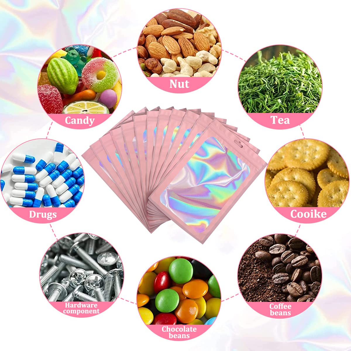 HASTHIP 100 Pcs Smell Proof Mylar Bags, Chocolate Bags Candy Bags Treat Bag Cookie Bags, Resealable Multifunctional Bags for Storing Food, Jewellery and Hardware (Pink, 8 X 13cm)