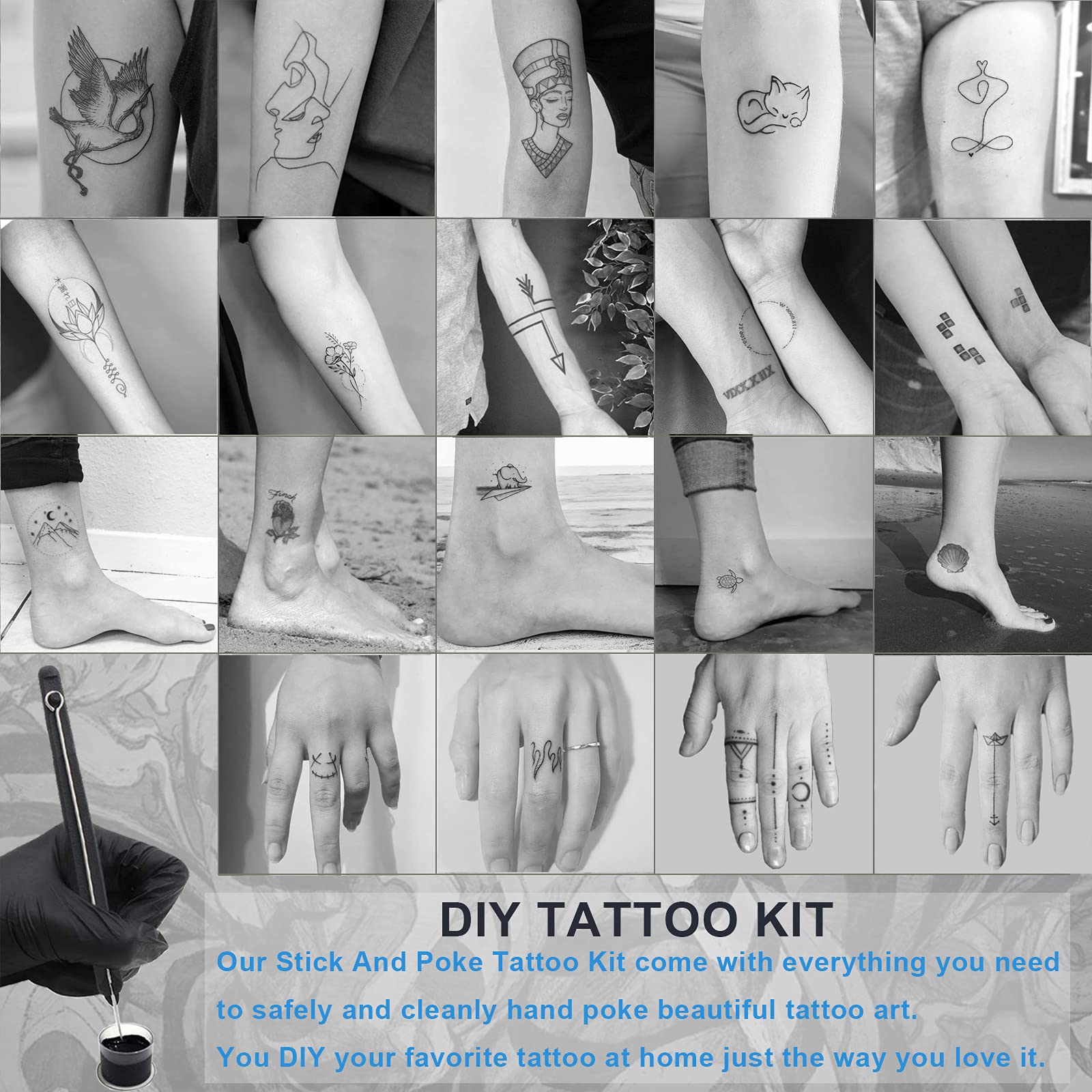 MAYCREATE Hand Poke Tattoo Kit and Stick Tattoo Machine Kit Hand Stick Poke Pen Kit DIY Tattoo Tool Kit Kit with 5 Tattoo Ink 20 Fine Needles For Men Tattoo Supplies