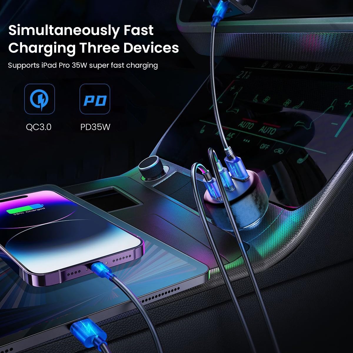 STHIRA Car Fast Phone Charger for iPhone 15 3 in 1 Car Cigarette Lighter Charger Dual 30W Type C PD Ports Design USB C Cigarette Lighter Charger Splitter 12V/24V Cigarette Lighter Charger