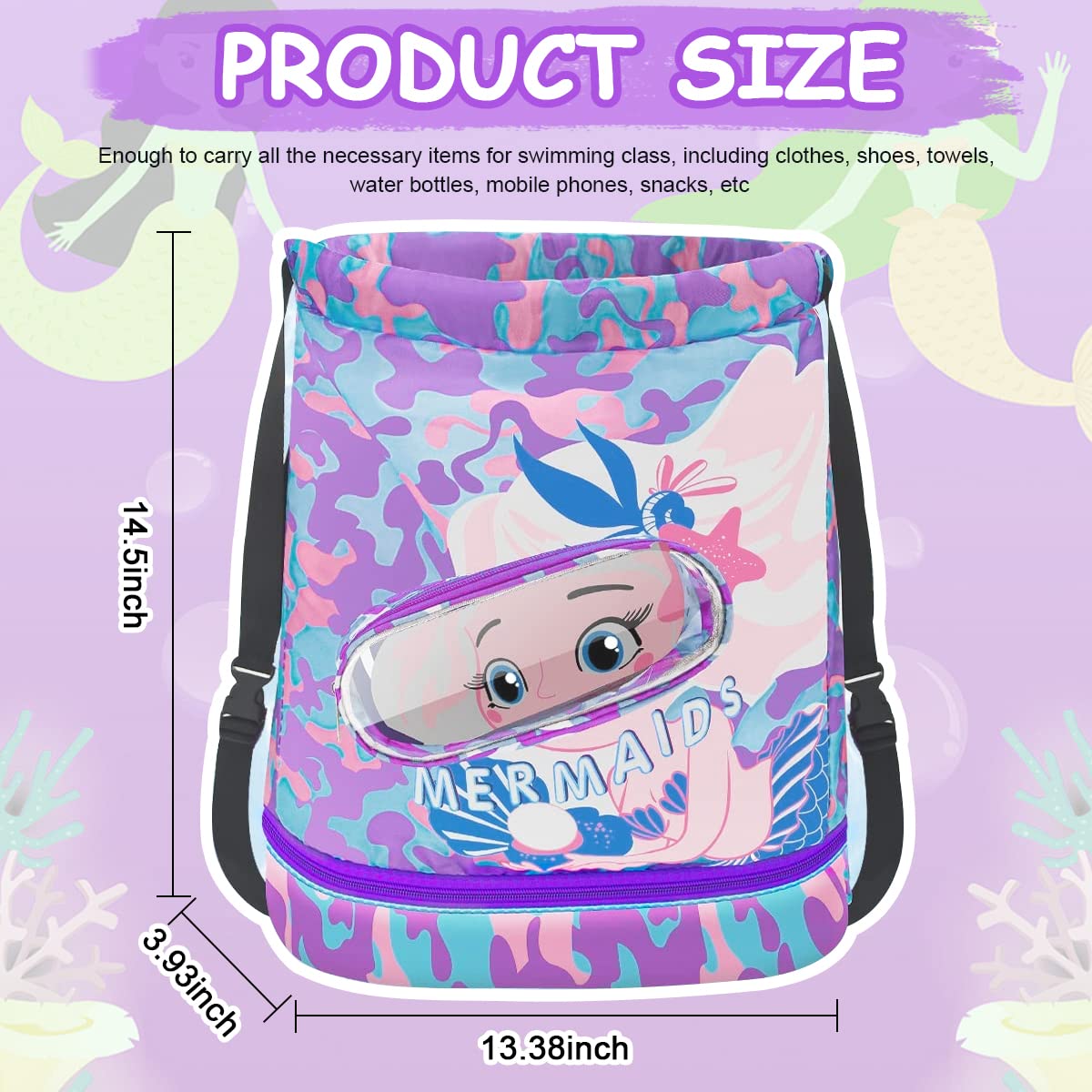 PALAY Swimming Bag for Kids Cartoon Print Shoulder Bag for Kids Large Capacity Backpack for Girls Wet Dry Separation Beach Bag Storage Bag for Clothes, Swimming Goggles