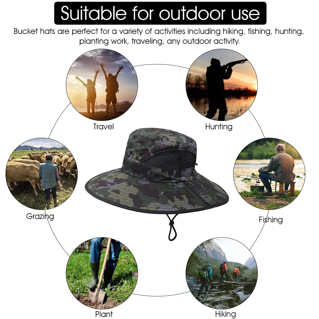 PALAY Green UV Protection Adjustable Breathable Mesh Chin Strap Wide Brim Summer Bucket Hat for Men with Classic Solid Color,Travel,Treking,Outdoor