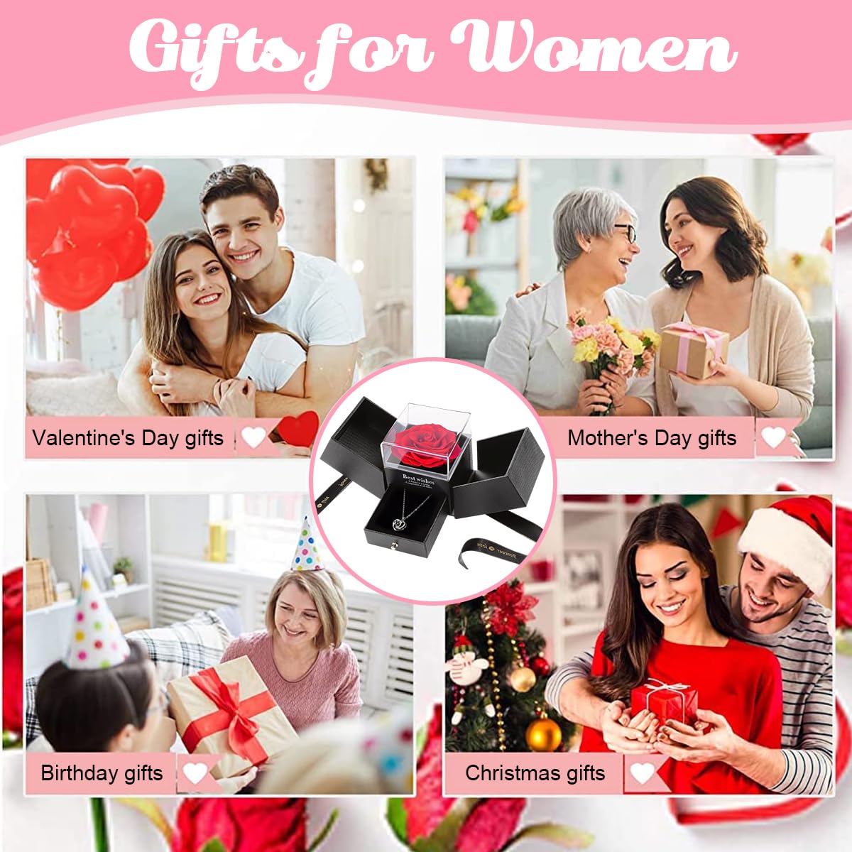 HASTHIP Mother's Day Gift Eternal Rose Necklace for Women Creative Preserved Rose Flower Necklace Gift for Women Creative 'I LOVE U' Projection Necklace Gifts for All Ladies on Valentines Day