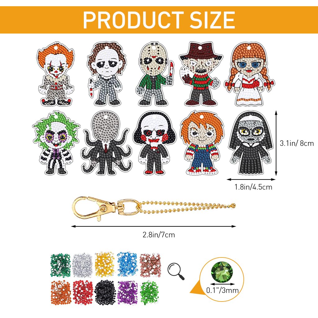 PATPAT 10Pcs Halloween Diamond Art Keychains Horror Movie DIY Diamond Keychain Scary Stuff Halloween Gifts for